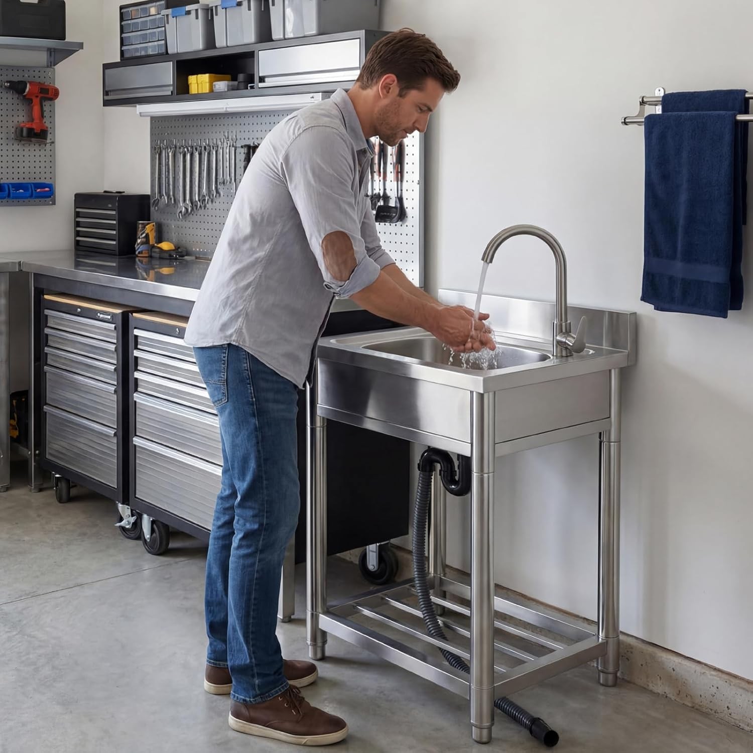 Free Standing Stainless Steel Single Bowl Commercial Sink 22in