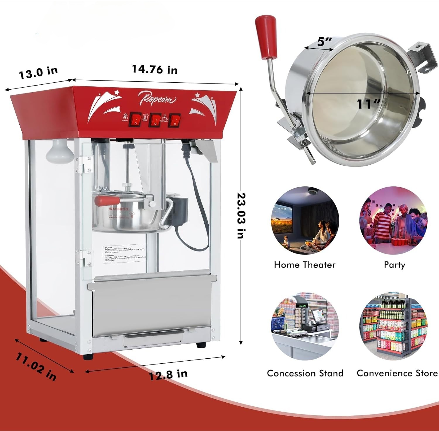 12 oz Kettle Commercial Popcorn Maker Machine Tempered Glass Warming Deck 850W