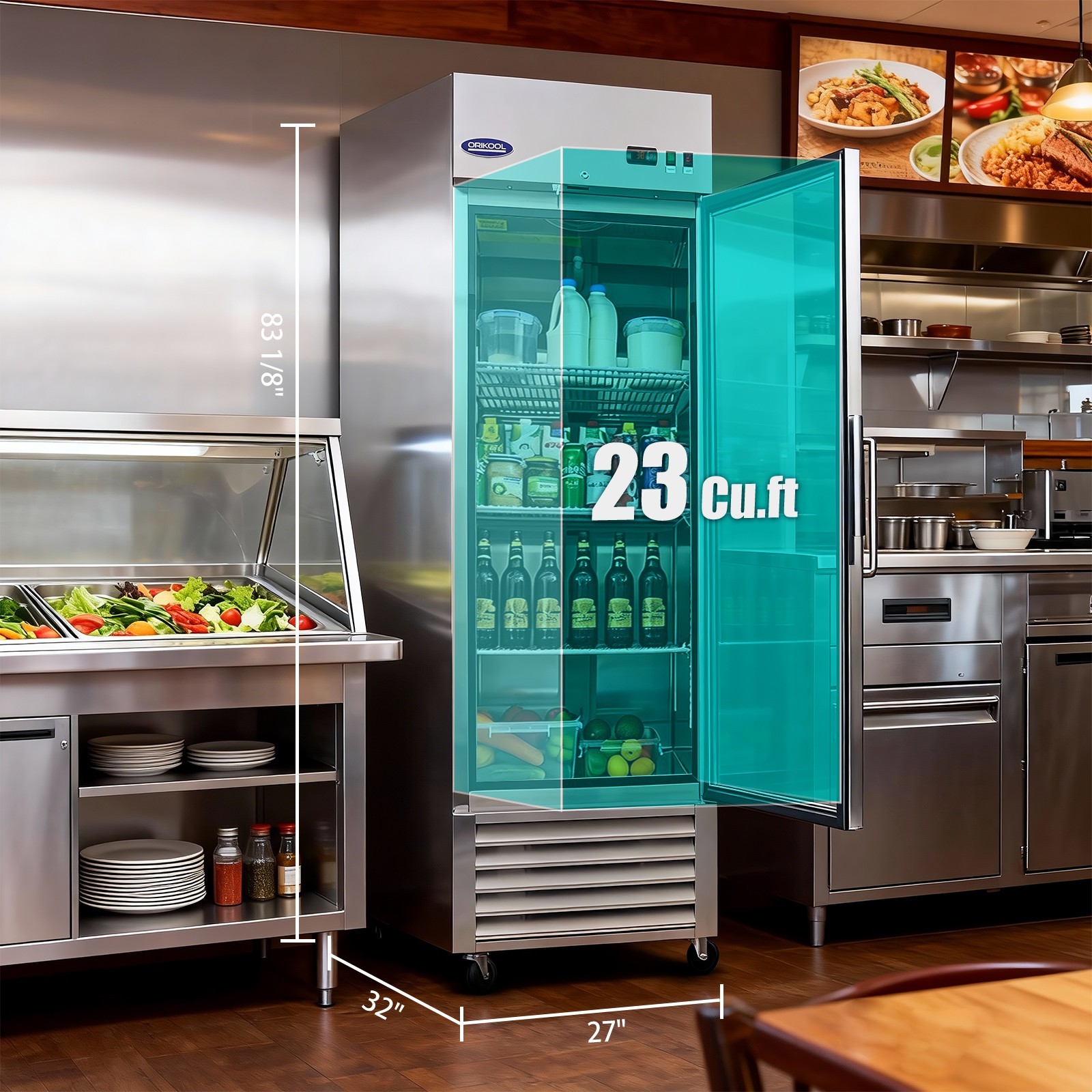 27″W Commercial Glass-Door Reach-In Fridge 23Cu.ft,Energy-Efficient LED Lighting