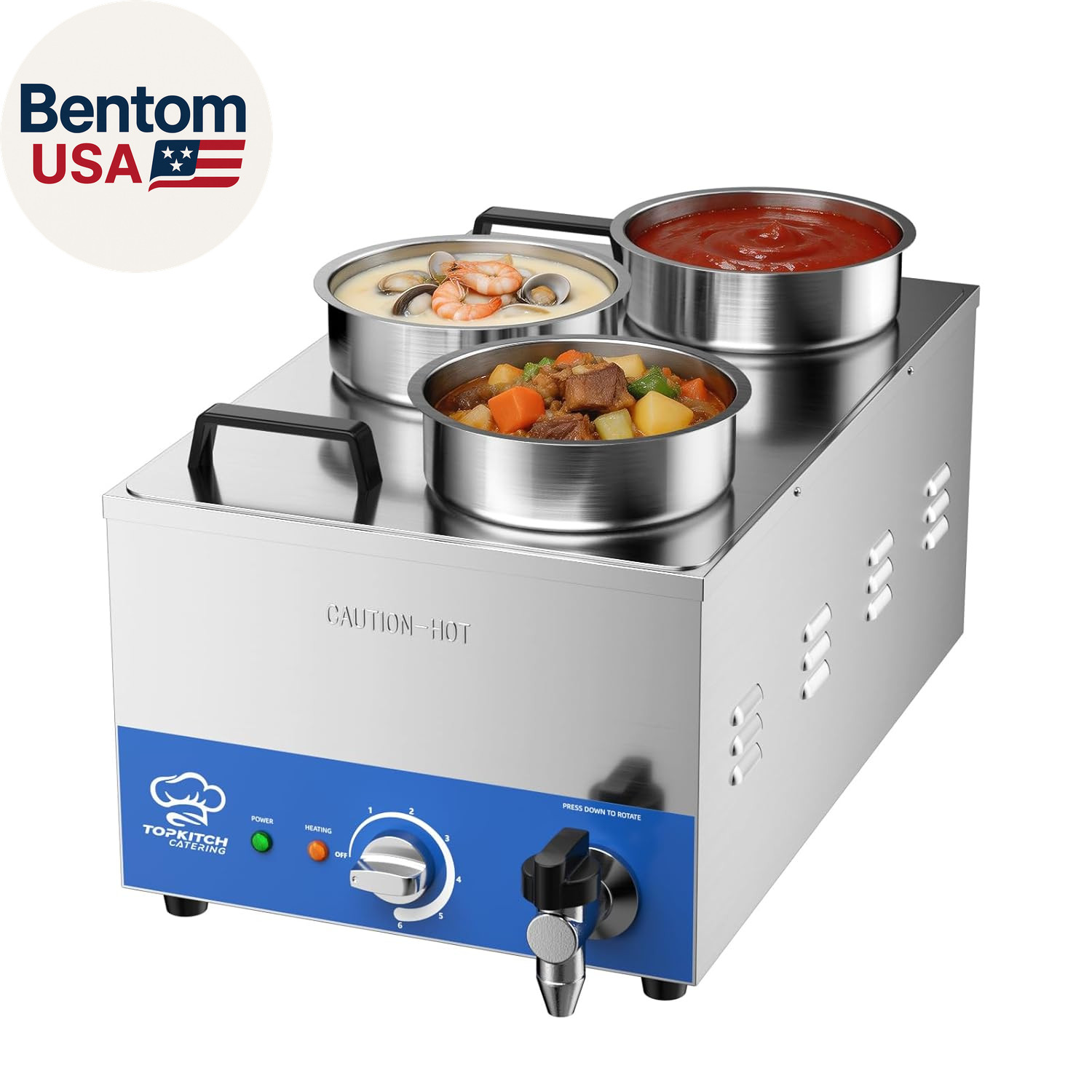 ETL Listed Commercial 12L Soup Warmer with 3×4L Pot，Drain,Seamless One-Piece Tan