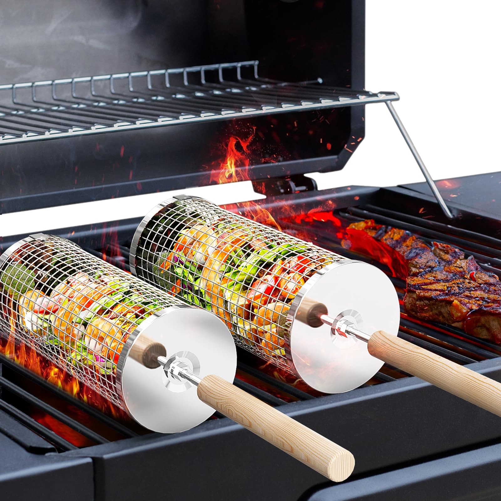 Ivtivfu Rolling Grill Basket Removable Wooden Handle 304 Stainless Steel