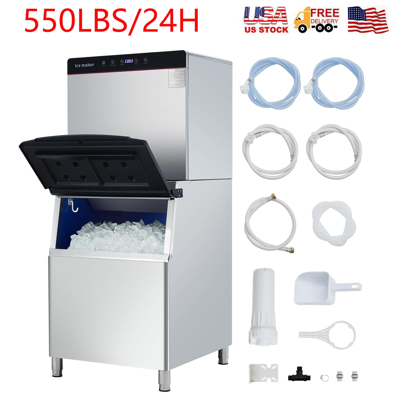 550LBS/24H Smart Commercial Ice Maker Machine With 300LB Storage Bin & LED Panel