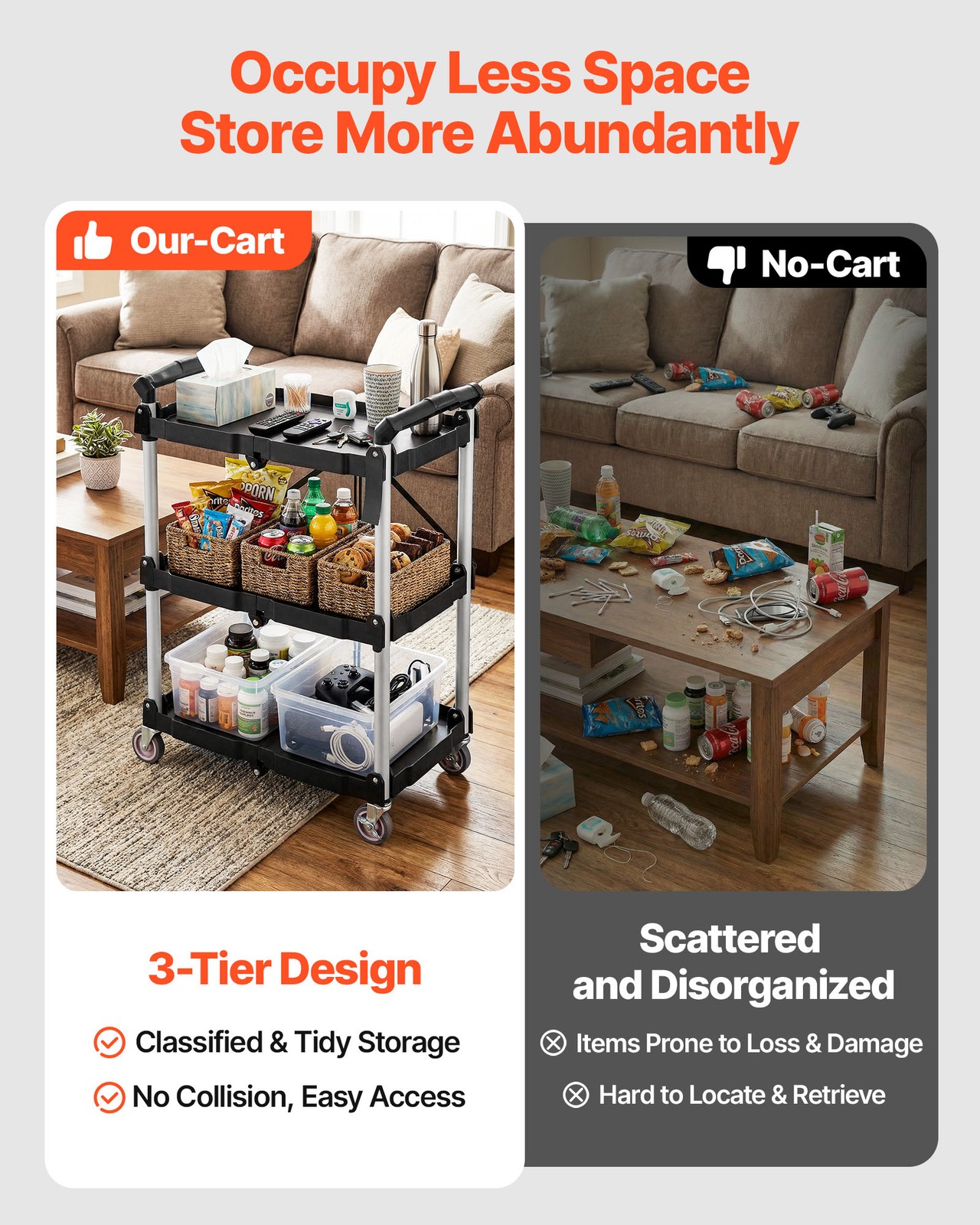 VEVOR Foldable Utility Service Cart 3 Shelf 165LBS with Swivel Lockable Wheels