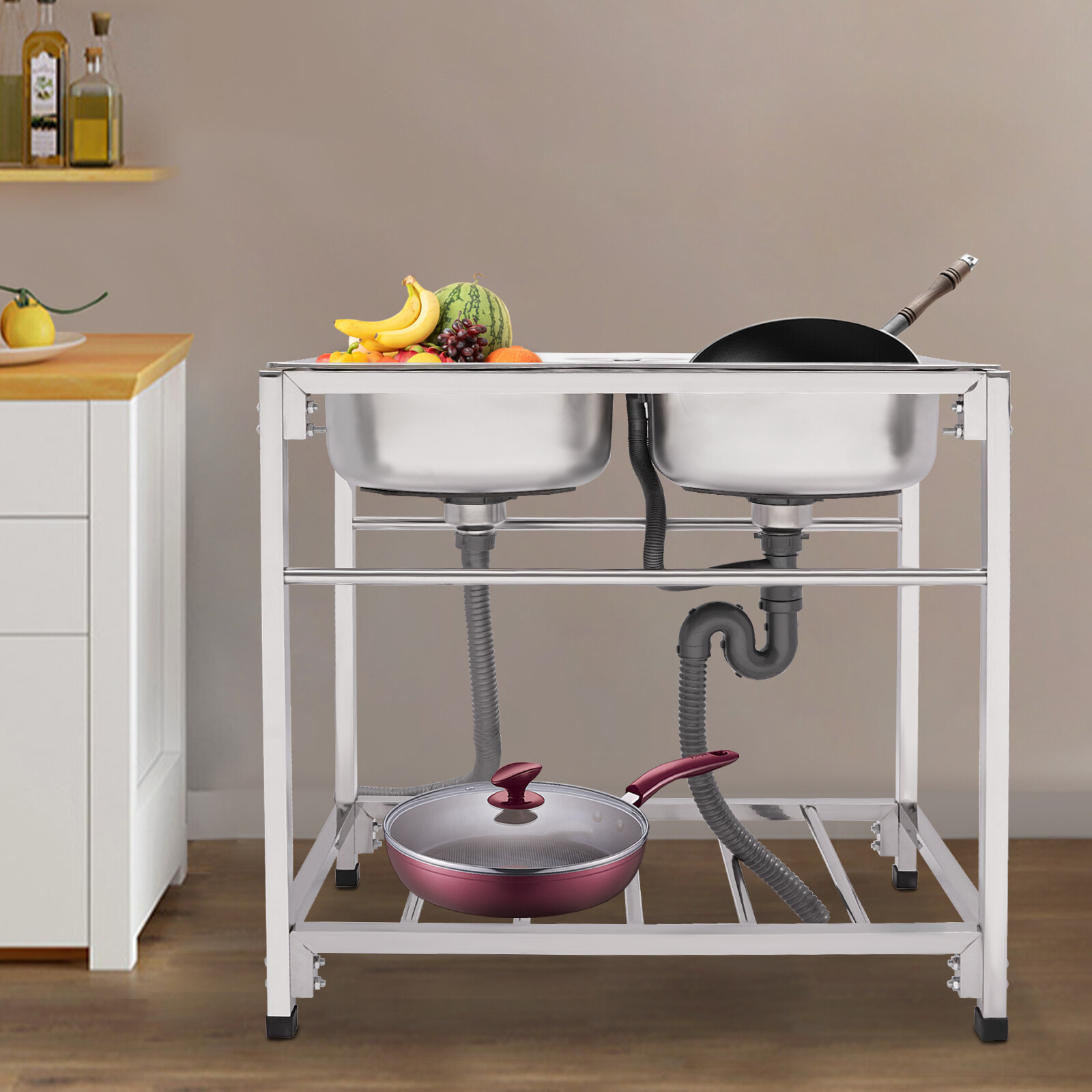 Commercial Stainless Steel Sink, Kitchen Freestanding Double Bowl Utility Sink