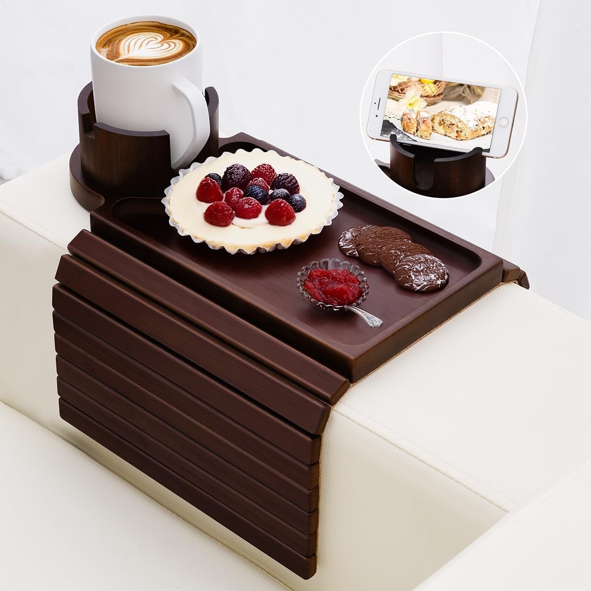 Couch Cup Holder Tray – 3 in 1 18.9" x 13" x 0.8", Walnut