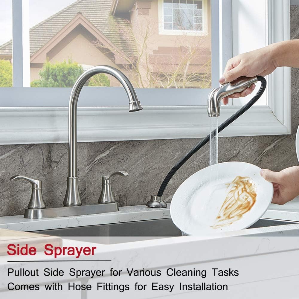 Brushed Nickel 2-Handle Kitchen Faucet with Side Sprayer, 3/4 Hole