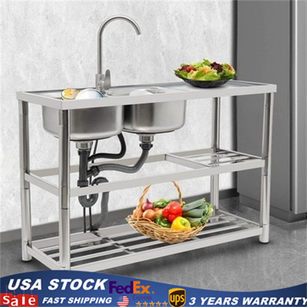 Free Standing Commercial Kitchen Sink Stainless Steel Dual Bowl For Restaurant