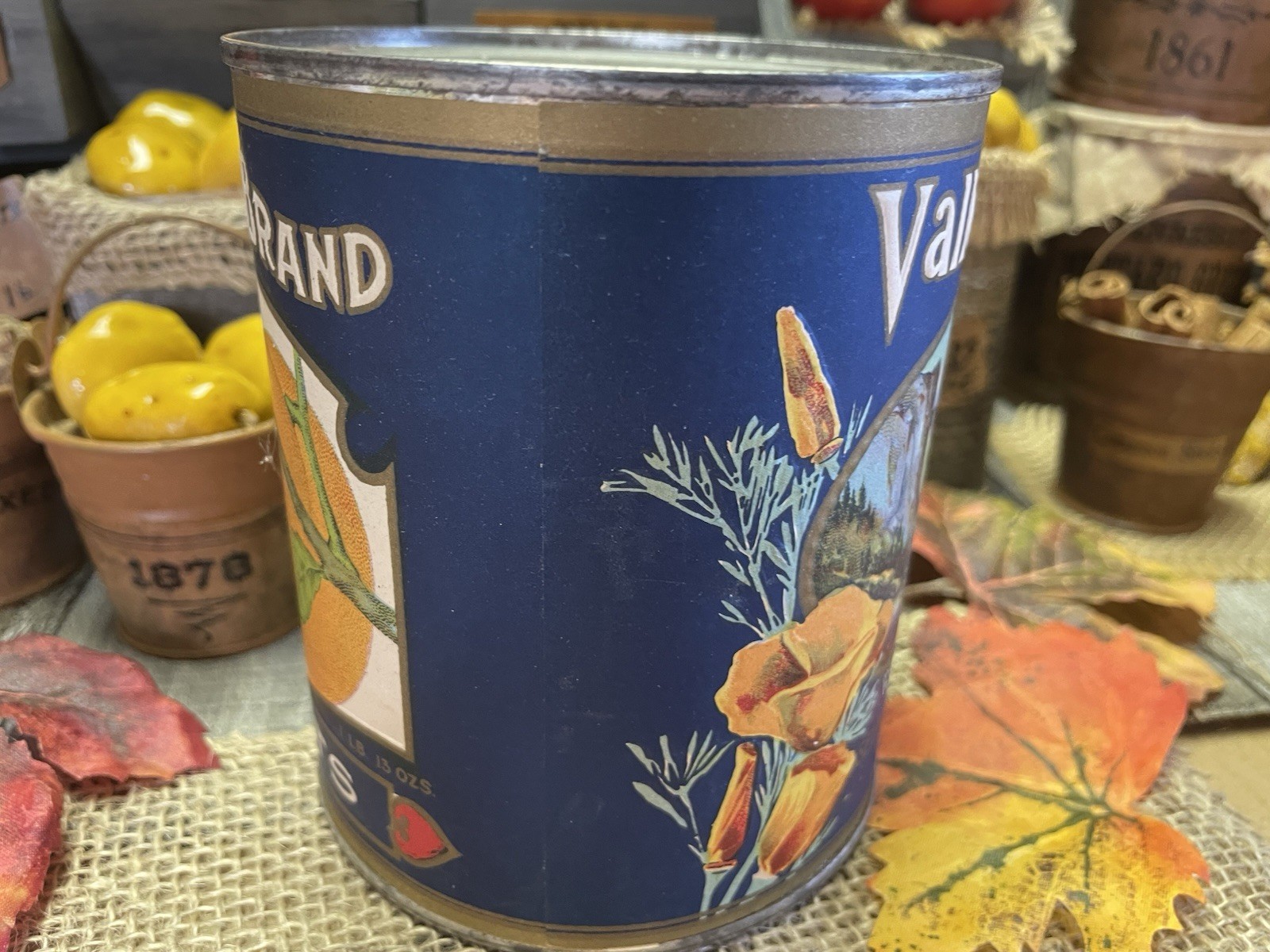 VTG VALLEY VIEW APRICOTS TIN CAN PRIMITIVE COUNTRY STORE DISPLAY FARMHOUSE PROP