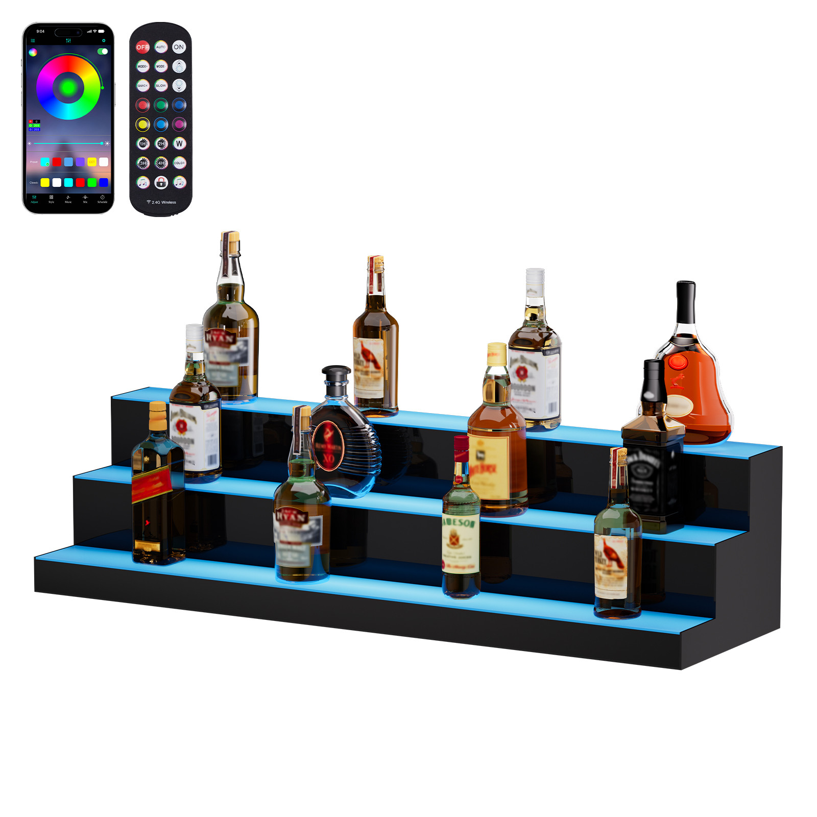 VEVOR LED Lighted Liquor Bottle Display Bar Shelf RF & App Control 40″ 3-Step