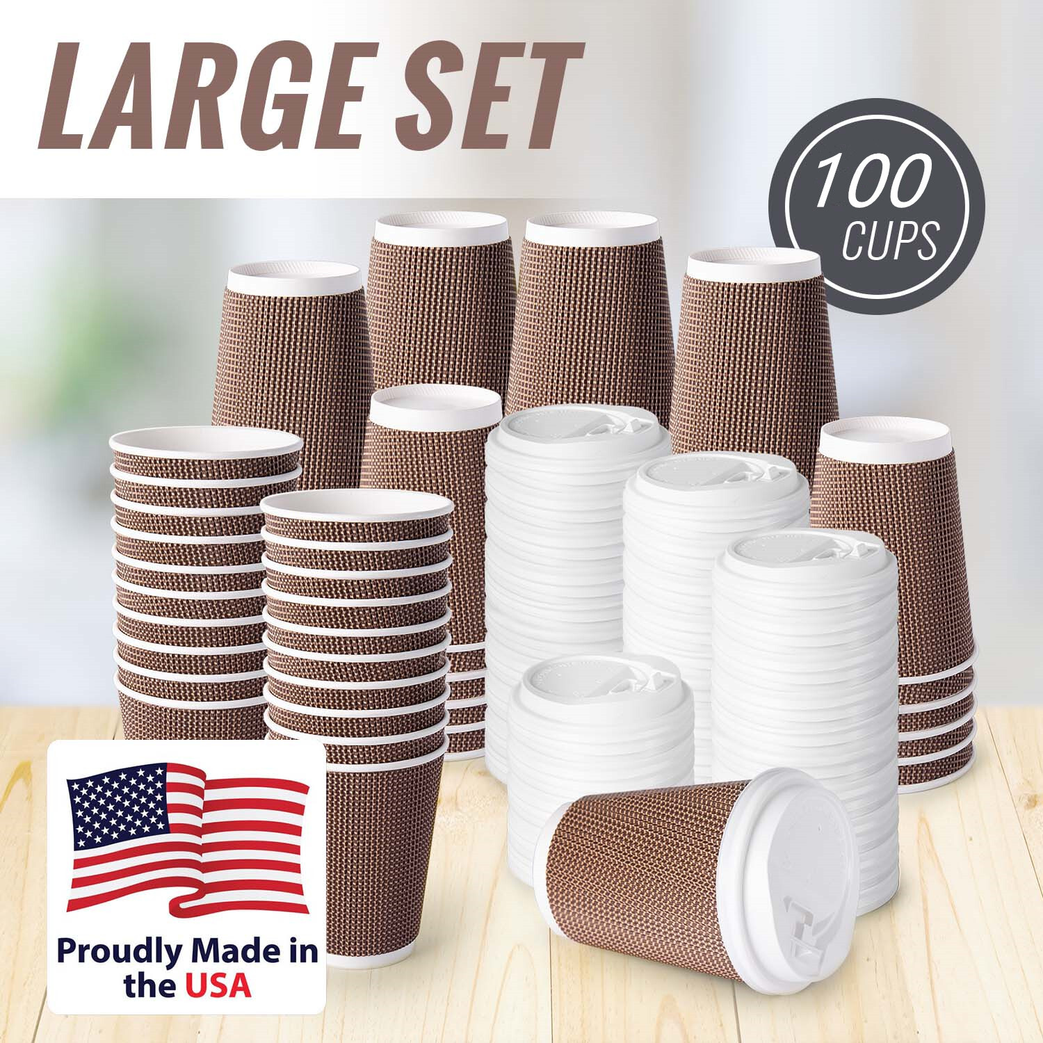 Joycode Brown12OZ Disposable Hot Coffee Insulated Ripple Paper Cups With Lids.