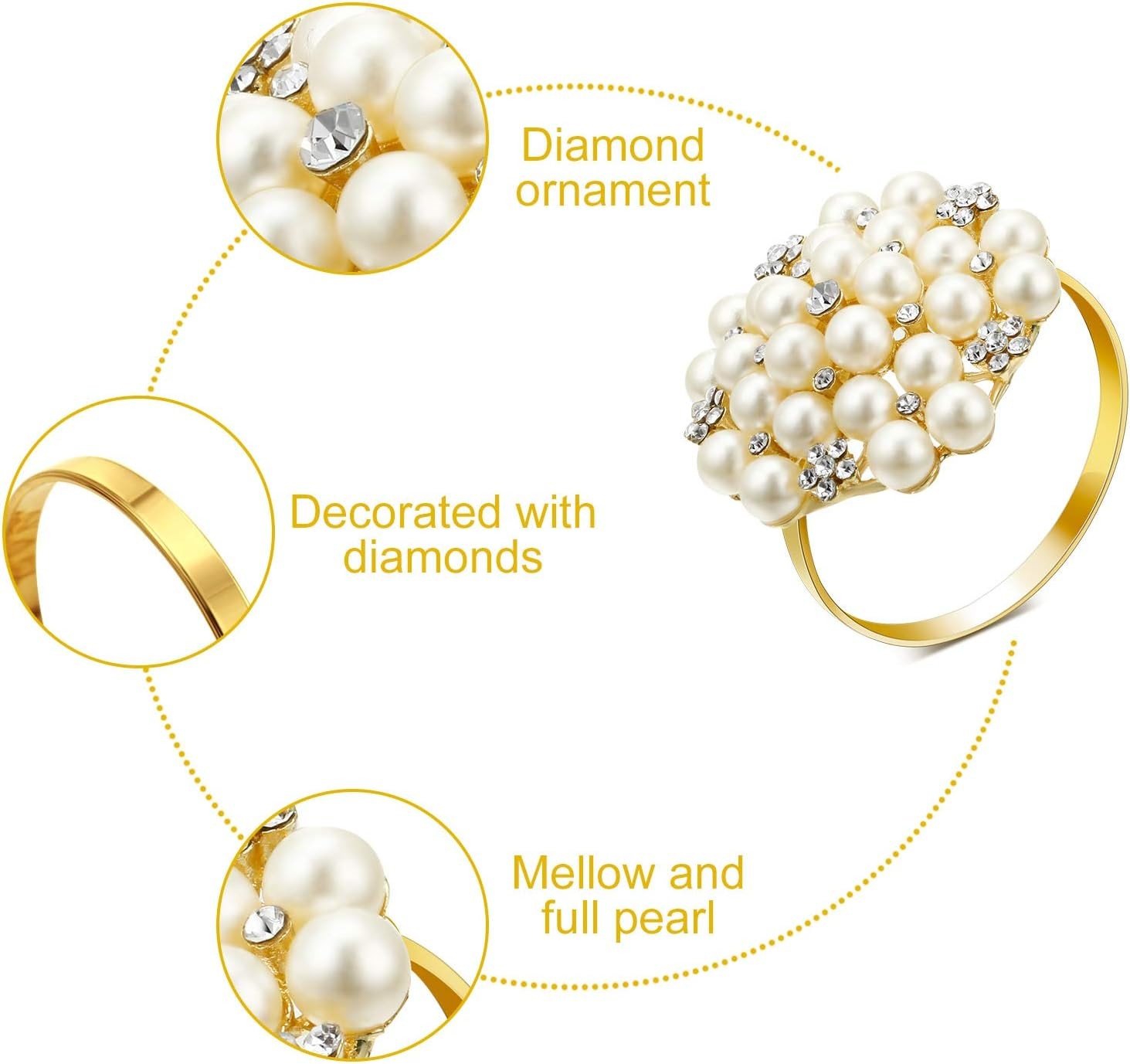 144 Pcs Gold Napkin Rings Pearls and Flower Napkin Buckles Rhinestone Bling