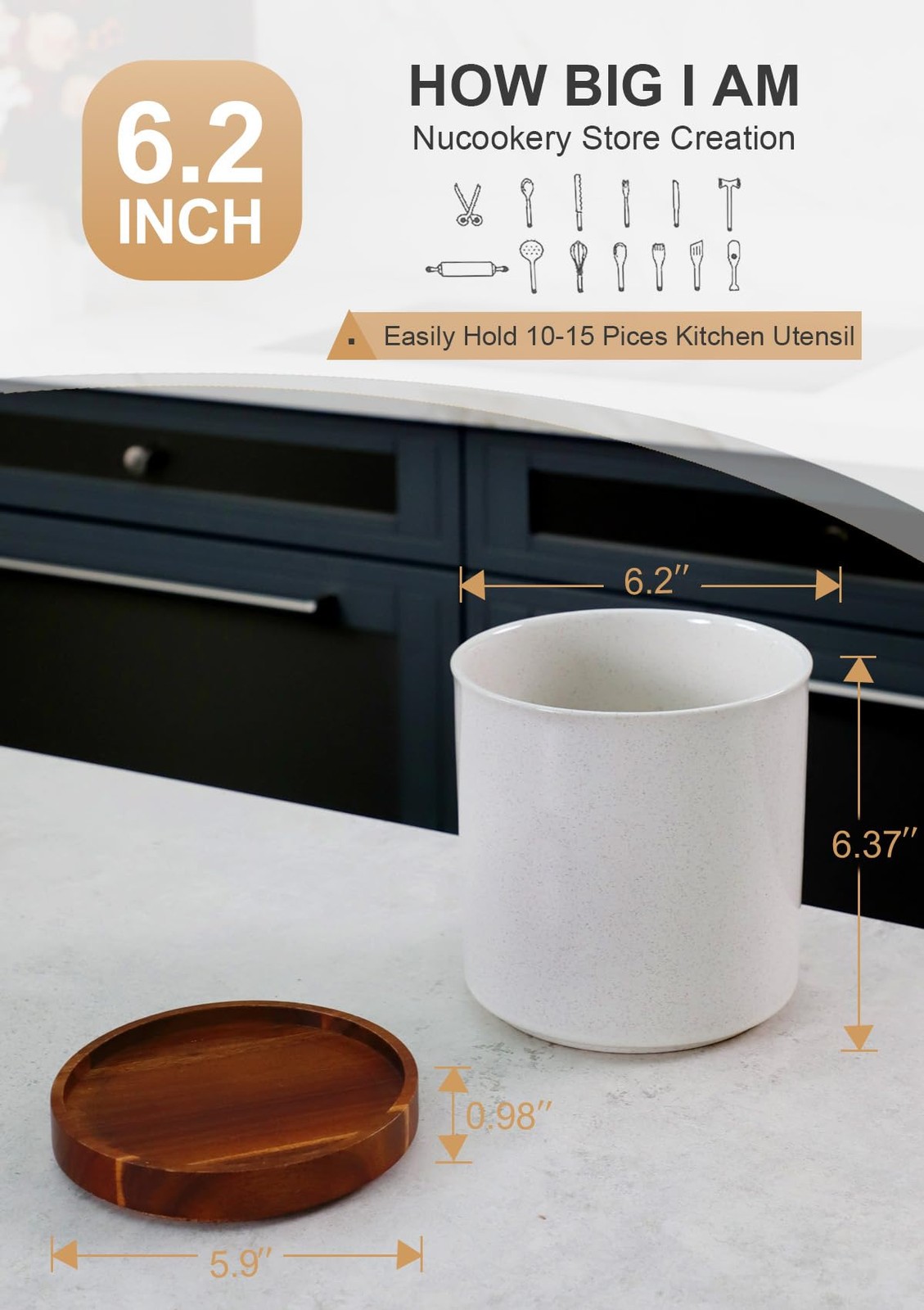 Nucookery 360�Rotating Utensil Holder, 7.2″ Large Utensil Crock, White Ceramic C