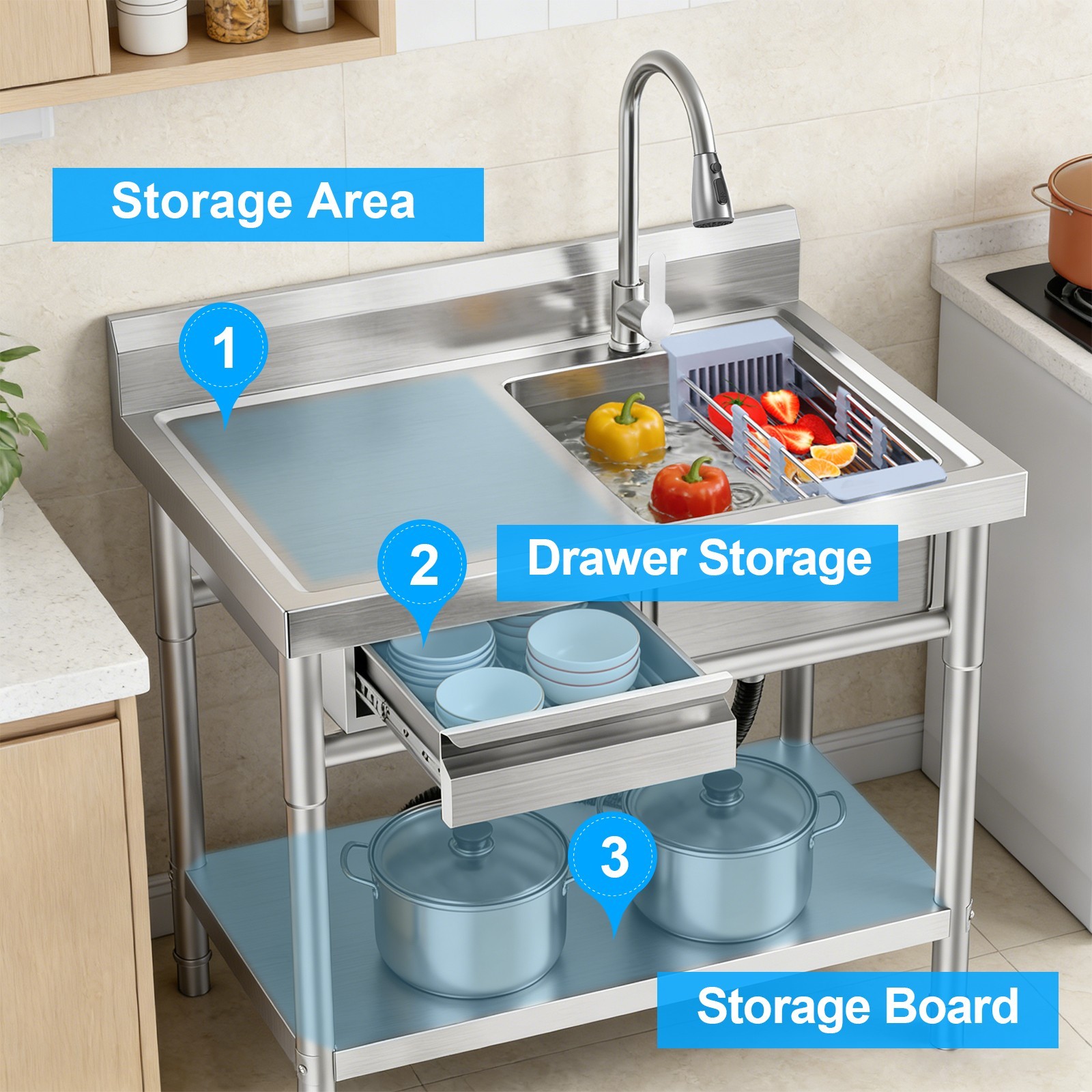 Stainless steel sink with drawer and 360° swivel pull-out spray faucet..