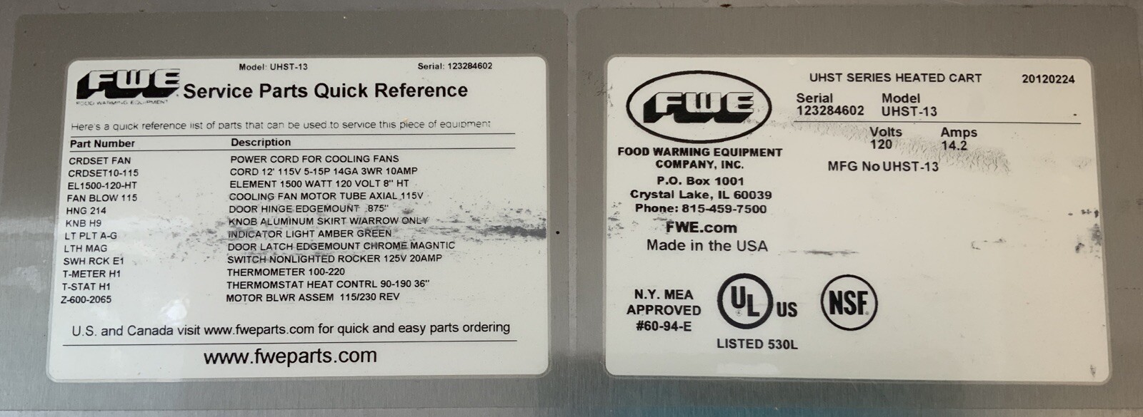 FWE FOOD WARMING EQUIPMENT INSULATED HEATED HOLDING CABINET MODEL UHST-13 NS-E