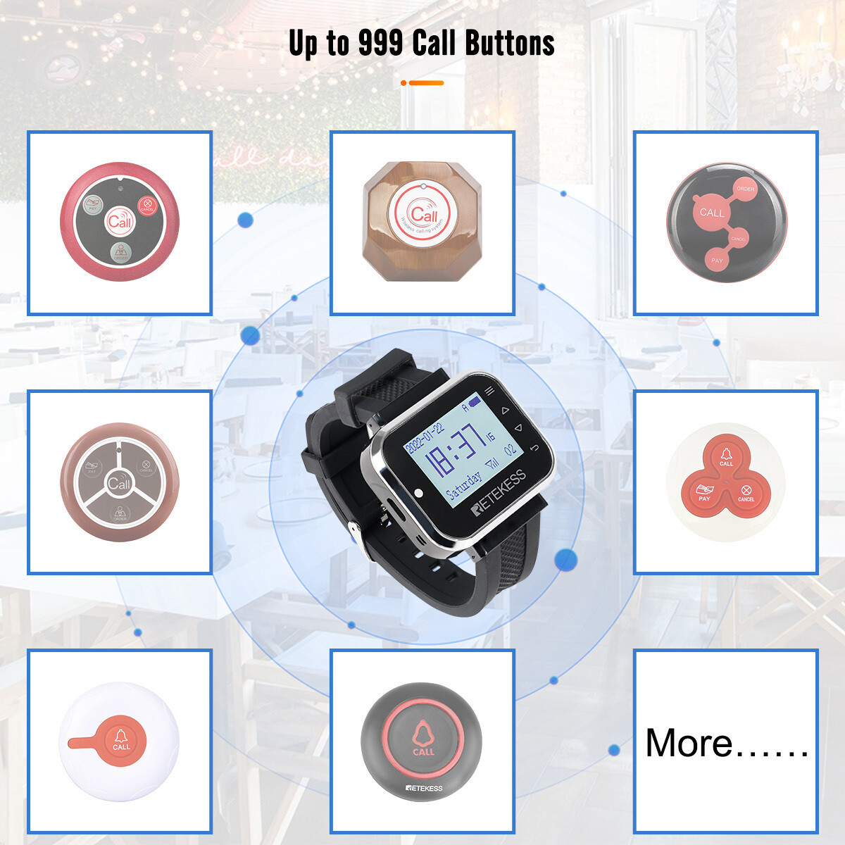 Retekess TD110 Wireless Calling System Waiter 2 Watch 30 Call Buttons Food Truck