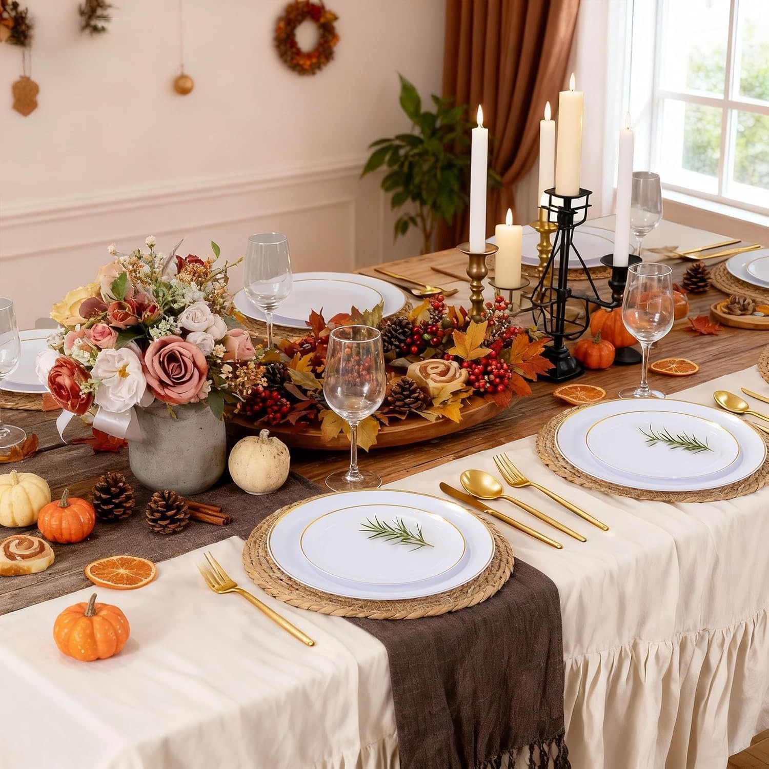 MirthMood 210Pcs Disposable Plastic Plates Set, Gold and White Plastic Party