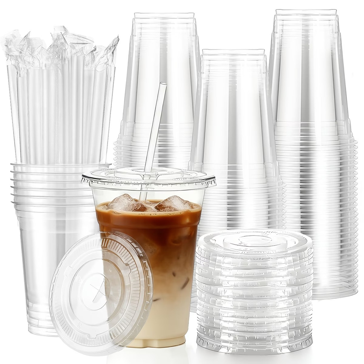 Clear Disposable Plastic Coffee Cups 50 Pack 16-24oz with Lids and Straws
