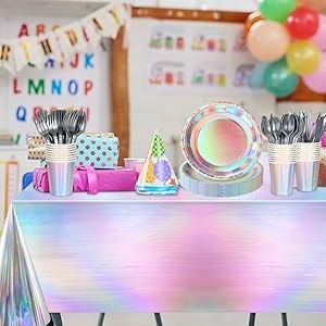 Iridescent Party Decorations,132 Pcs Disposable Iridescent Party Plates Cups