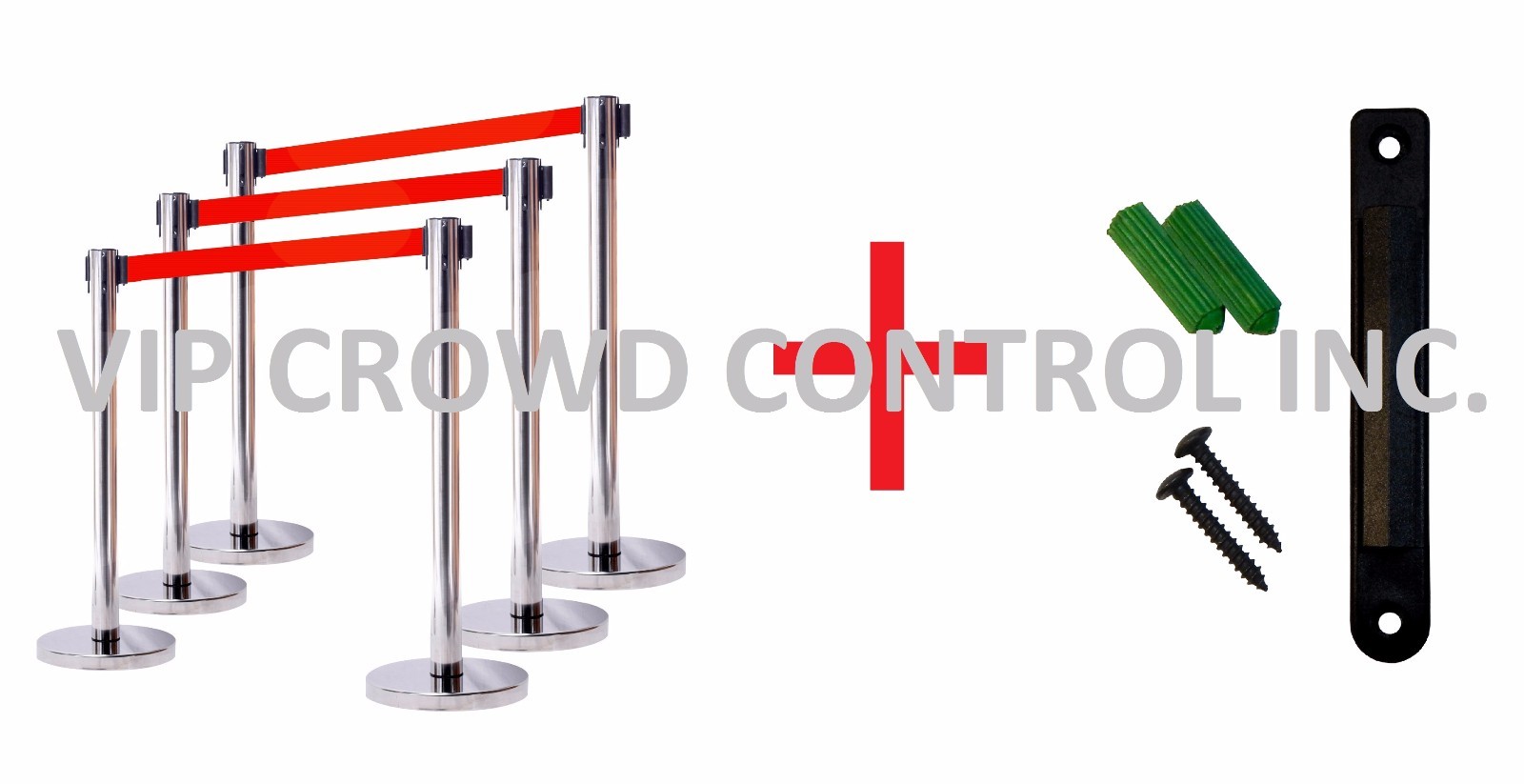 RETRACTABLE BELT STANCHION, 6 POSTS, 36″ MIRROR SS + 7FT RED BELT, WALL BRACKET