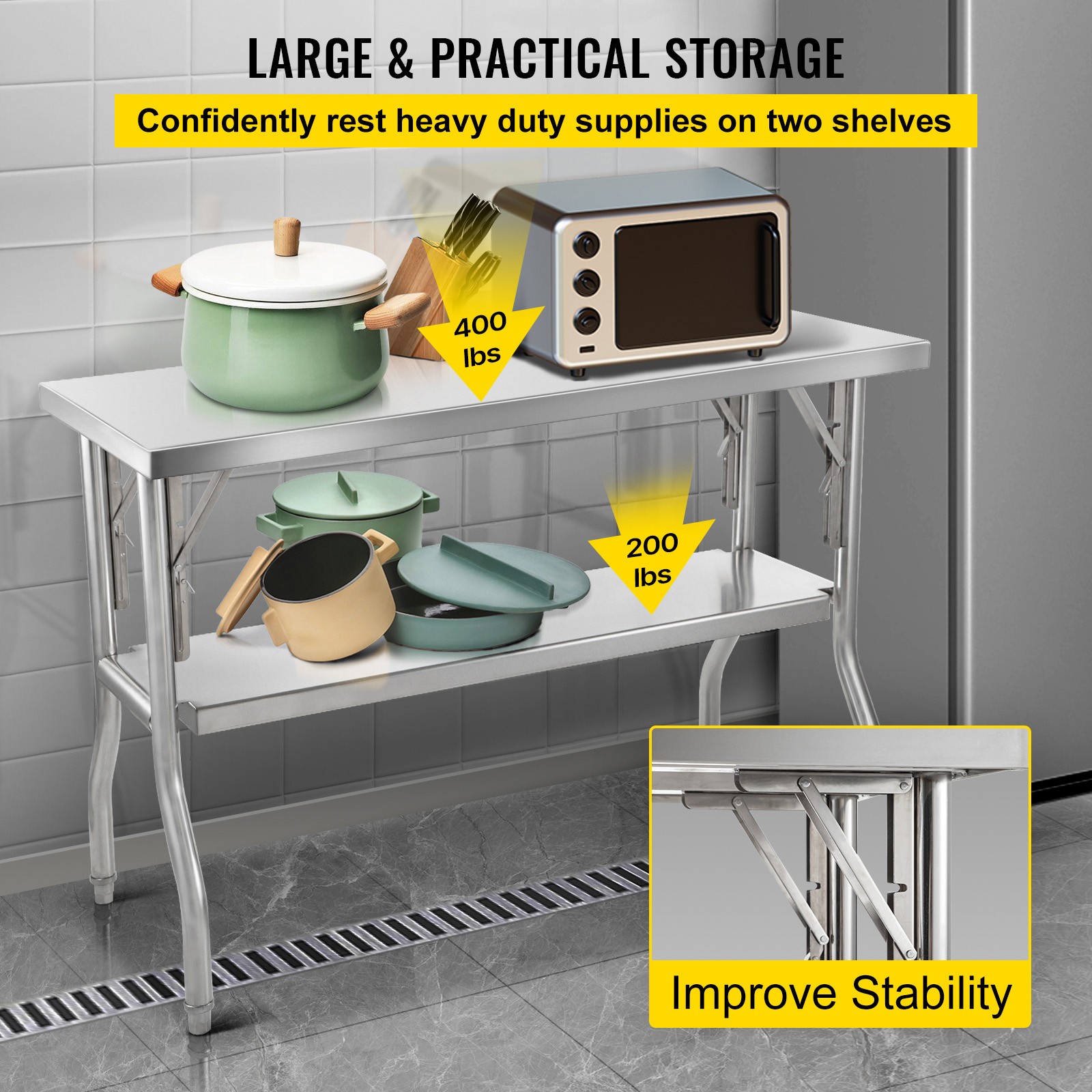 VEVOR Commercial Stainless Steel Folding Work Prep Tables Open Kitchen 48×24 In
