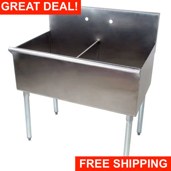 36″ 2 Compartment 18″ x 21″ x14 Stainless Steel Commercial Utility Prep Two Sink