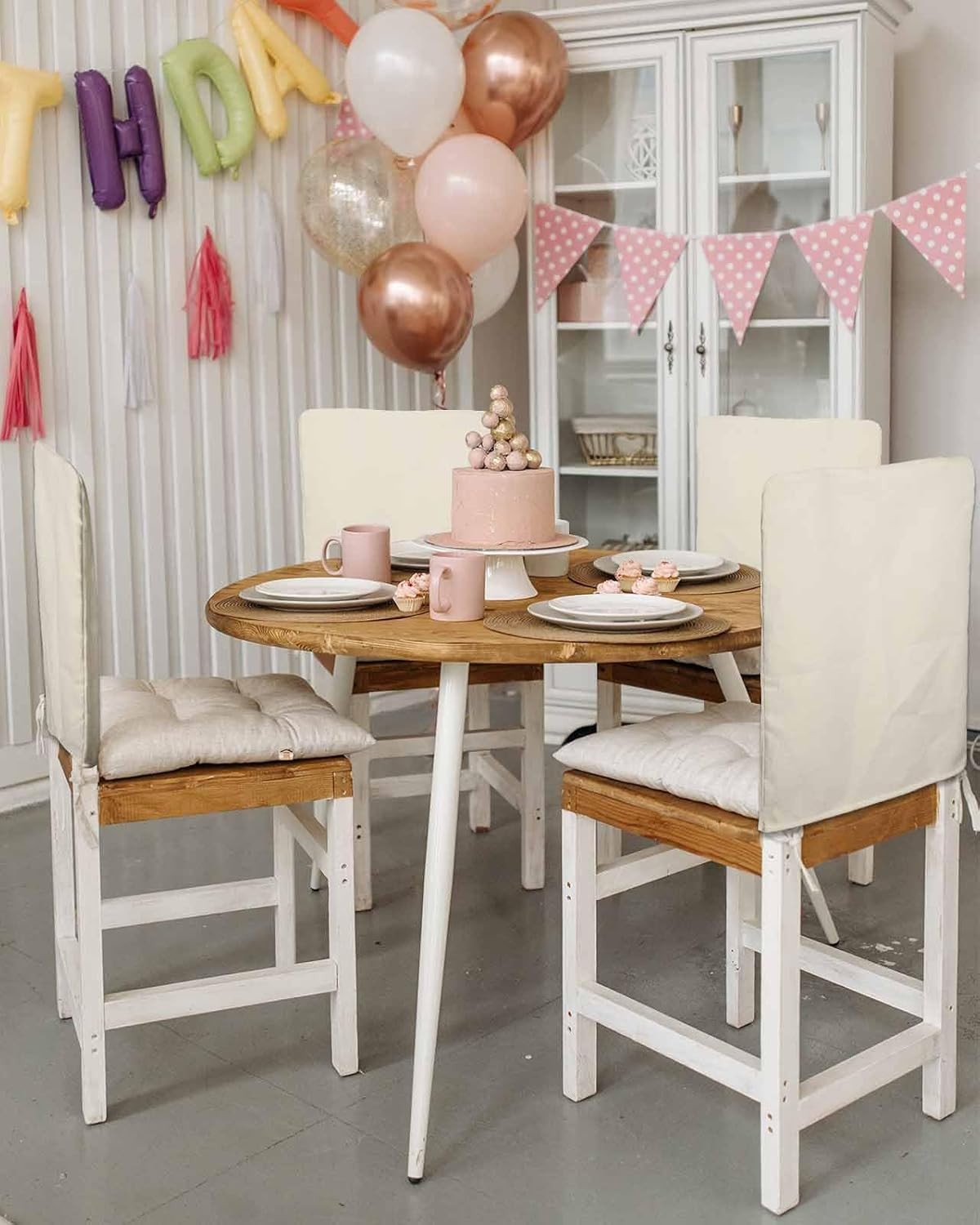 Cream Beige Chair Back Covers for Dining Room, Farmhouse Solid Cream Color Linen