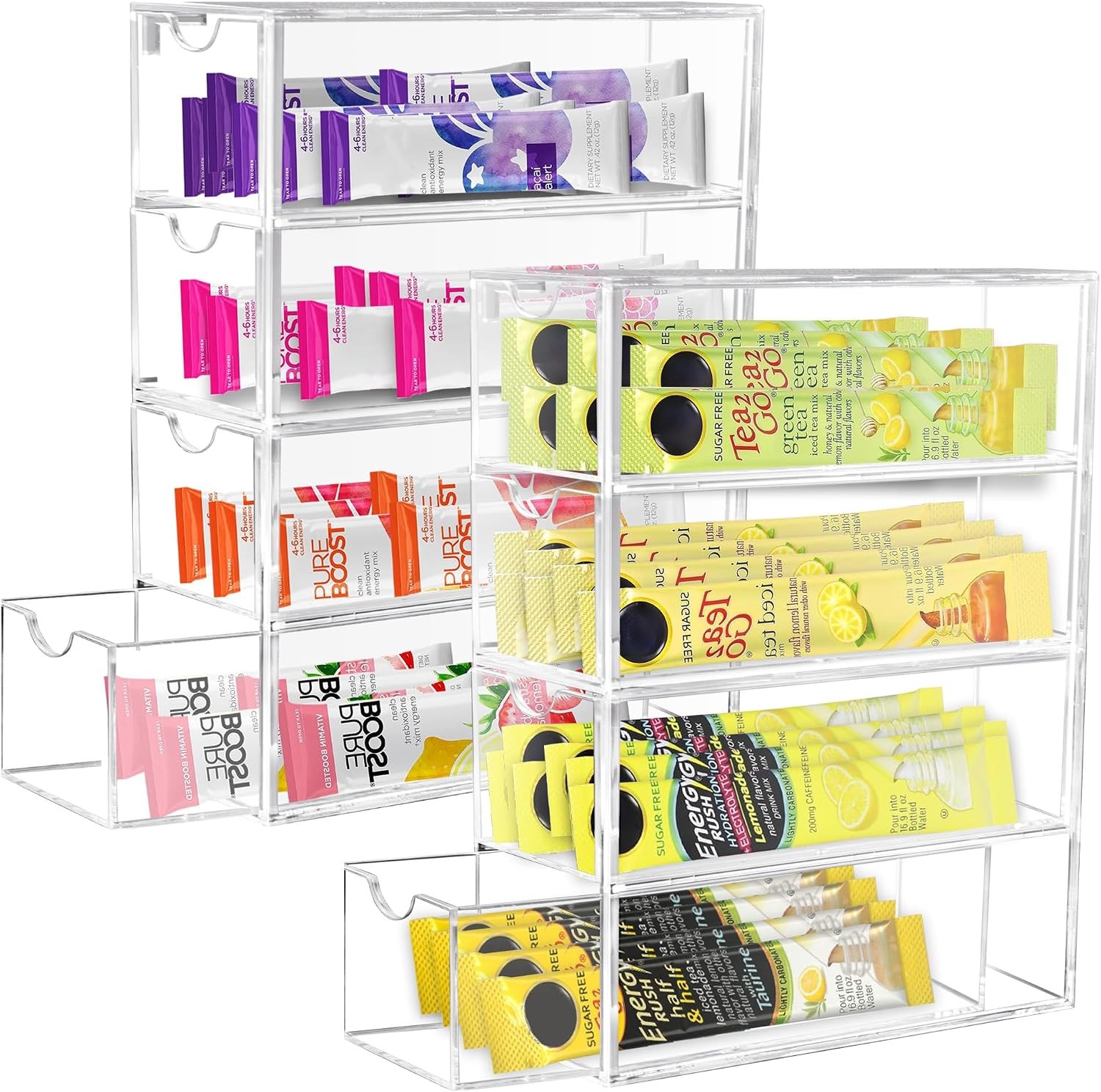 2 Pack Drink Packet Organizer, Acrylic Drink Mix Holder with 4 Clear Drawers