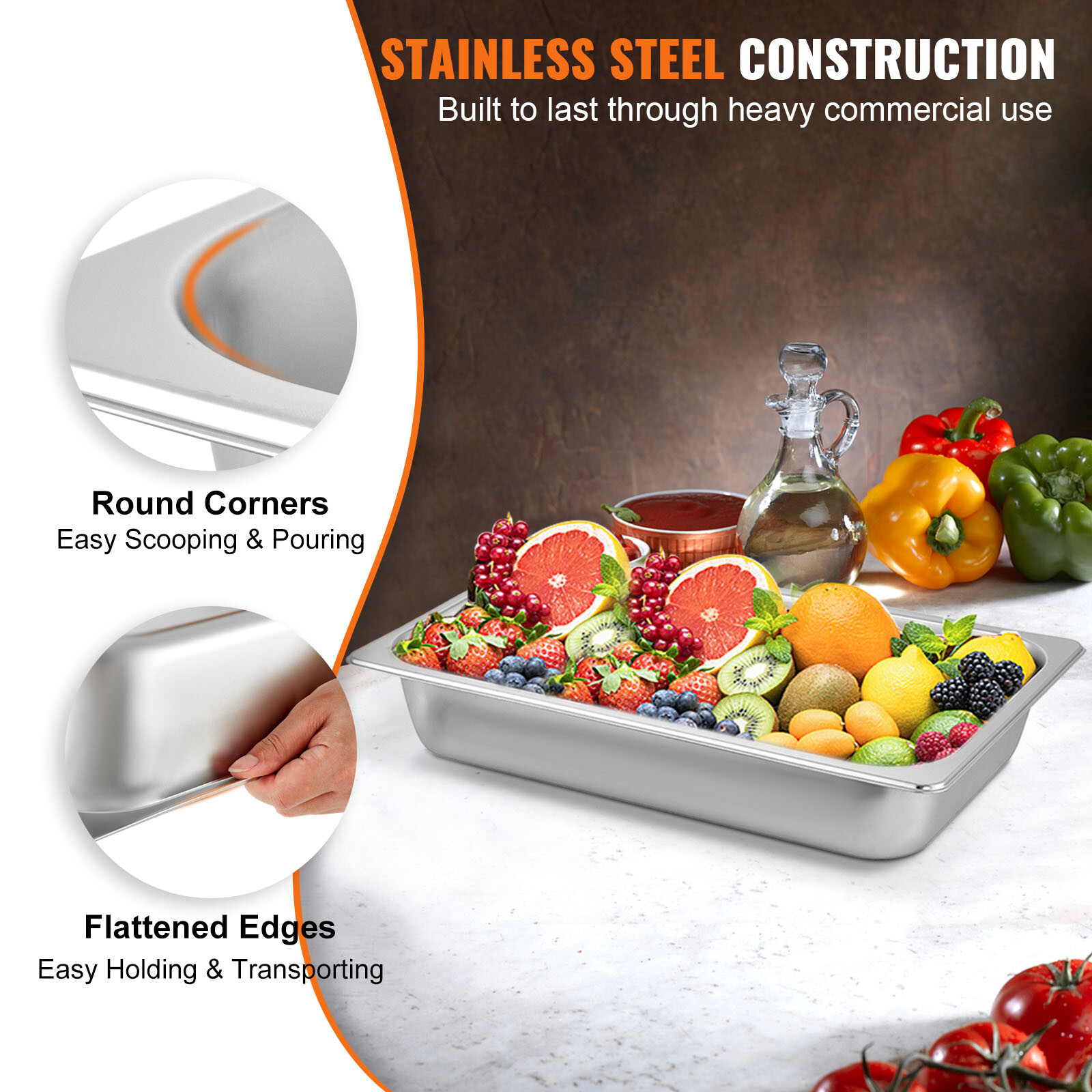 VEVOR 6 Pcs Full Size 4″ Deep Steam Table Pans Stainless Steel Hotel Food Prep