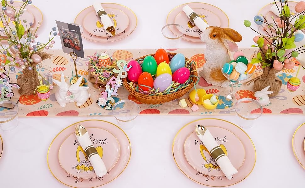210Pcs Easter Plastic Plates,Pink Gold Party Plates with Bunny Egg Design