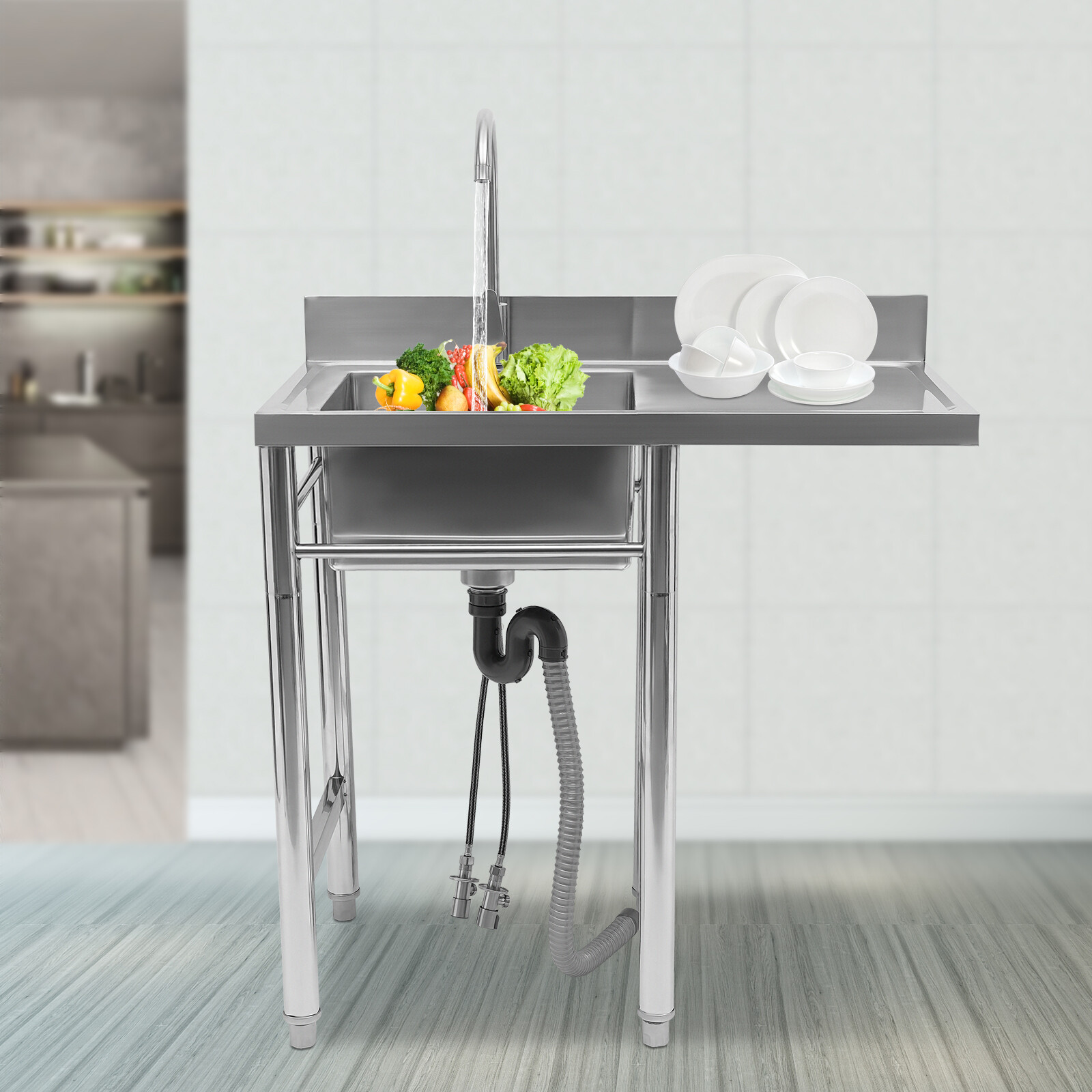 Stainless Steel Metal Sink 1 Compartment Sink With Drainboard Commercial Kitchen