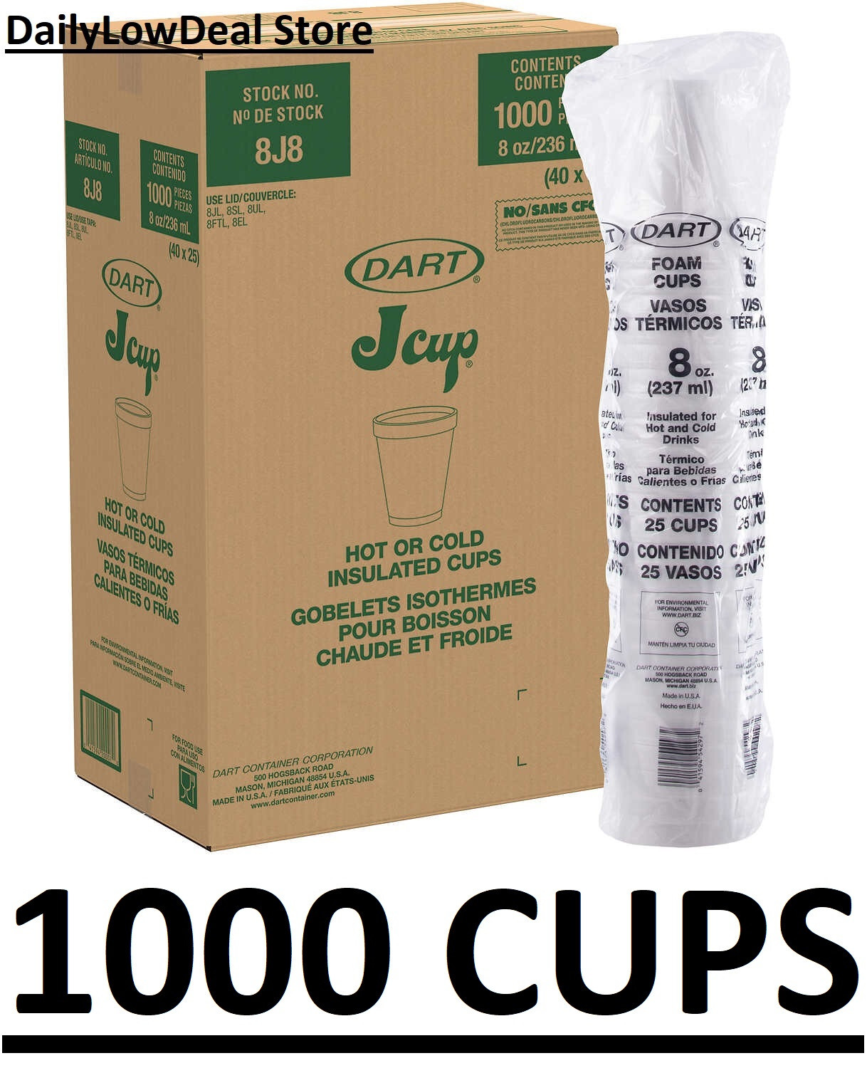 Dart 8 oz White Foam J Cups, Hot & Cold Beverages, Insulated – 1000 count