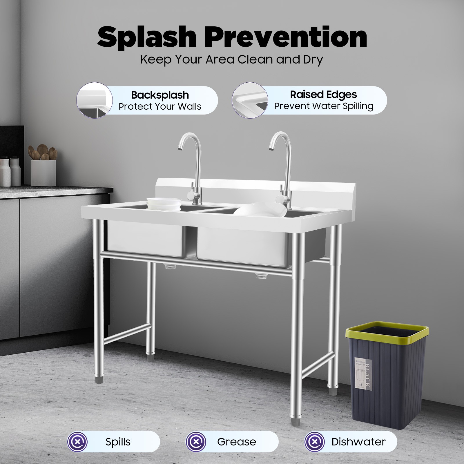 2 Compartment Free Standing Utility Sink for Garage Restaurant, Kitchen, Laundry