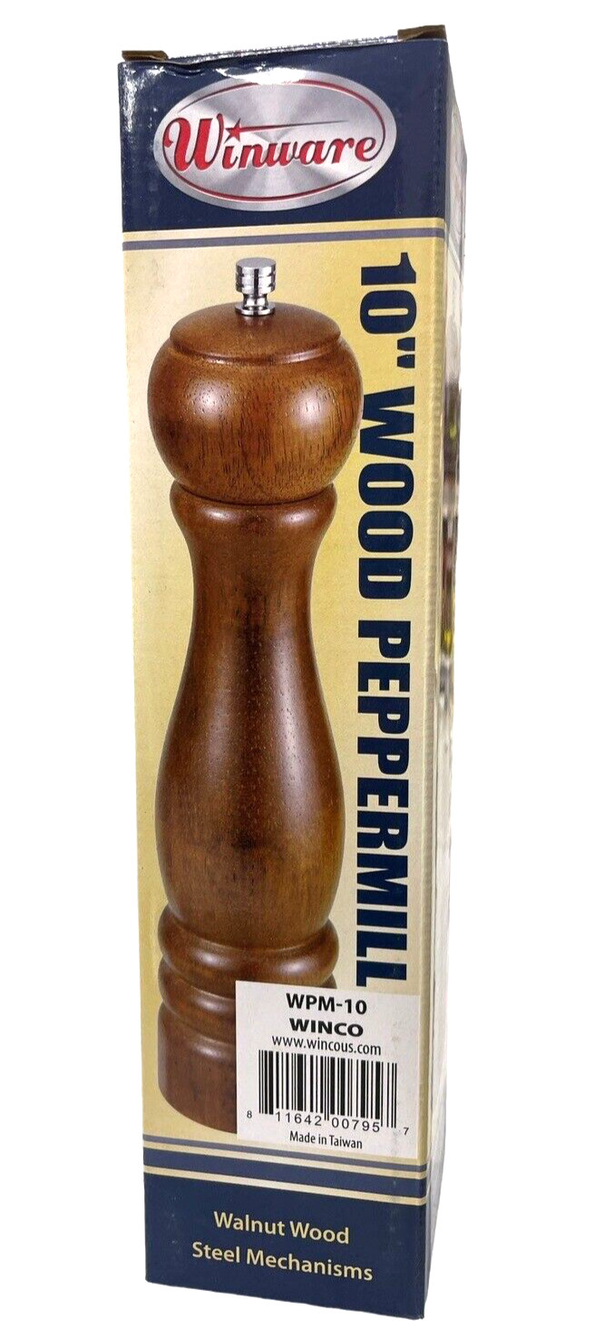 Winco Winware WPM-10 10 inch Walnut Wood Peppermill with Zinc Alloy Grinder New