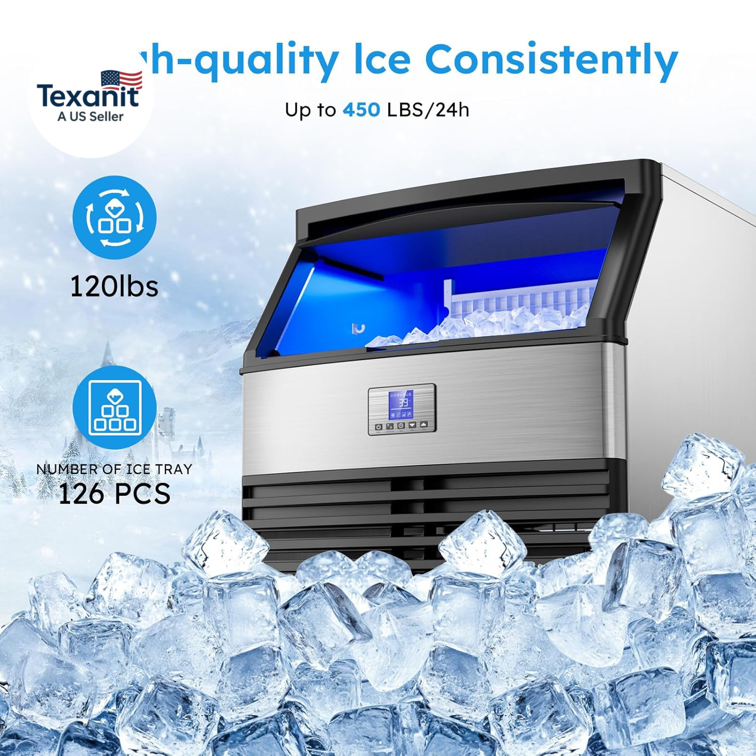 Commercial Ice Maker Machine 450LBS/24H, under Counter Ice Machine, Upgrade Comp