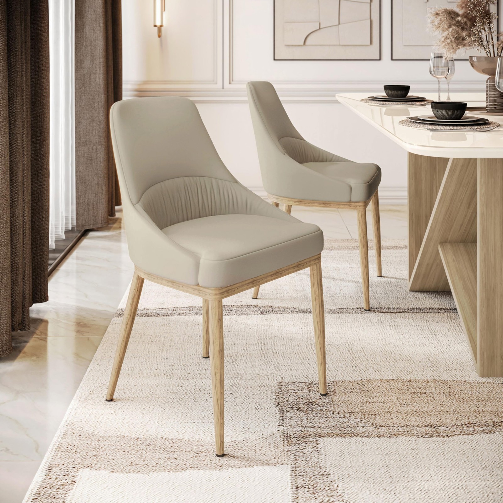 Techni Home Set of 2 Armless Dining Chairs, Taupe Faux & Natural