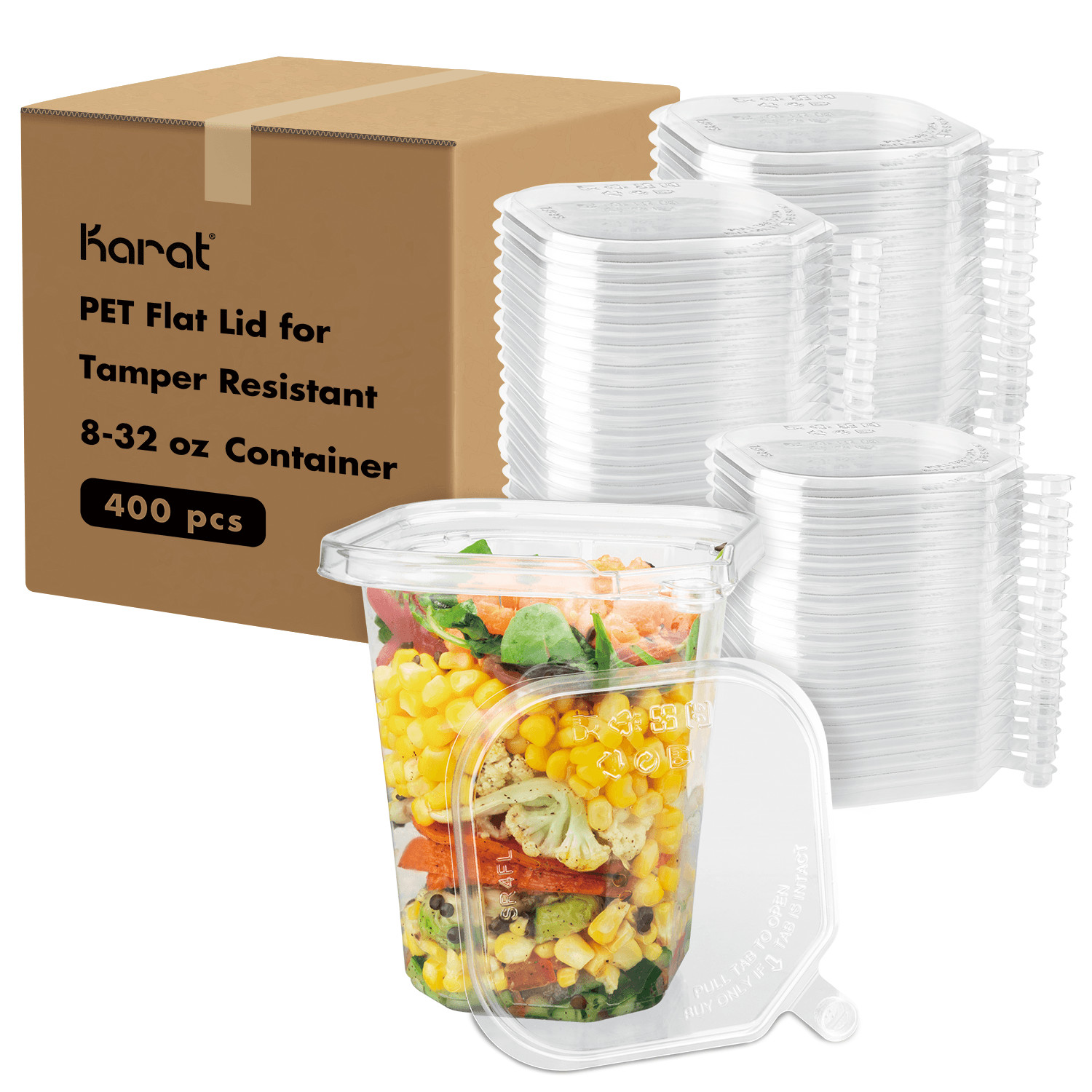 Karat 109mm PET Flat Lid for 8-32oz Square Container – 400 pcs, TR-SCL140PET