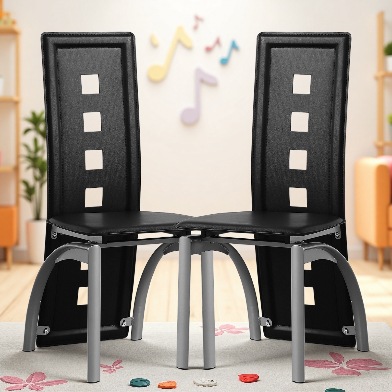 4pcs Dining Chairs – PU Leather, High Back Square Cutout Design & Chrome Legs