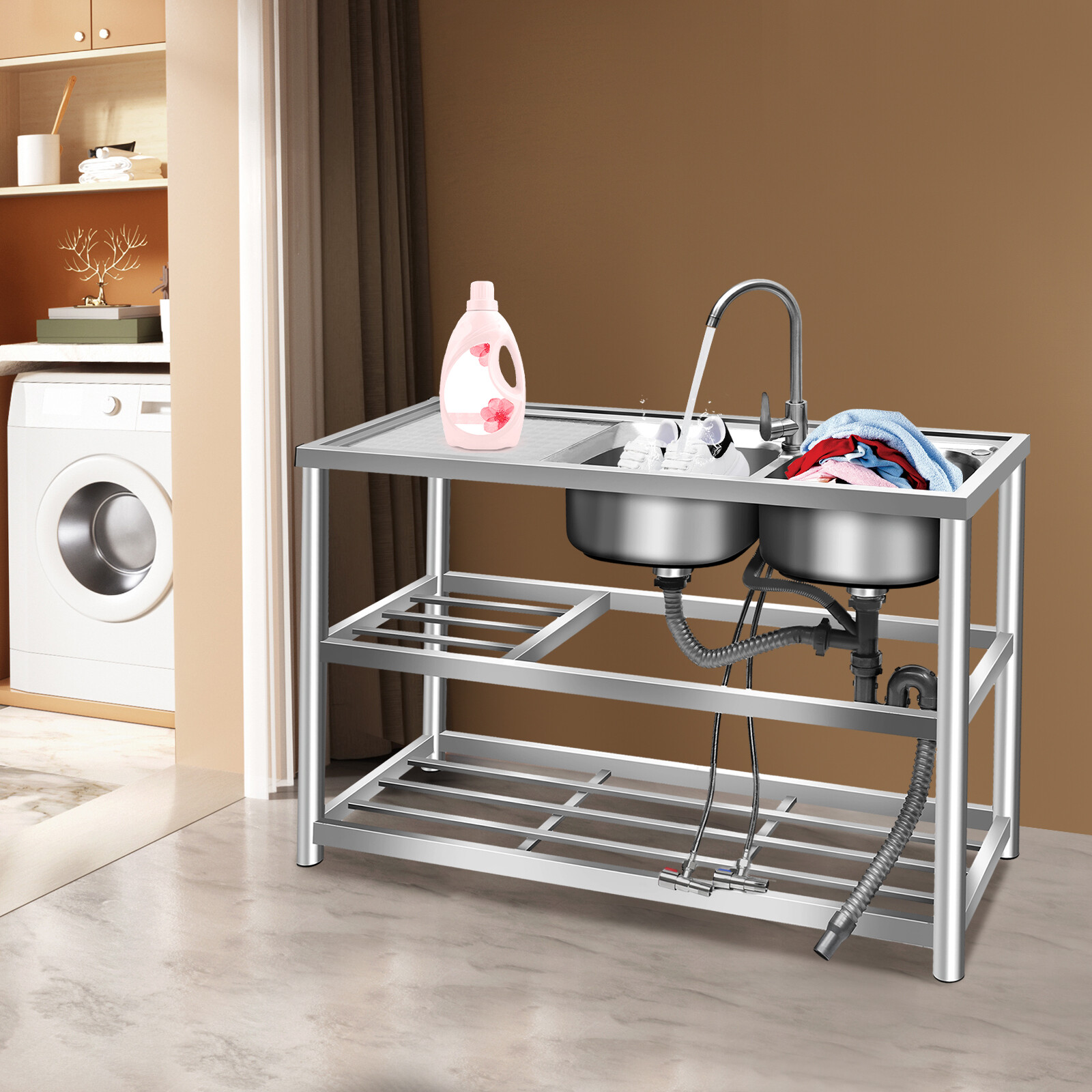 Stainless Steel Commercial Sink Kitchen Utility Sink 2 Compartments + Prep Table