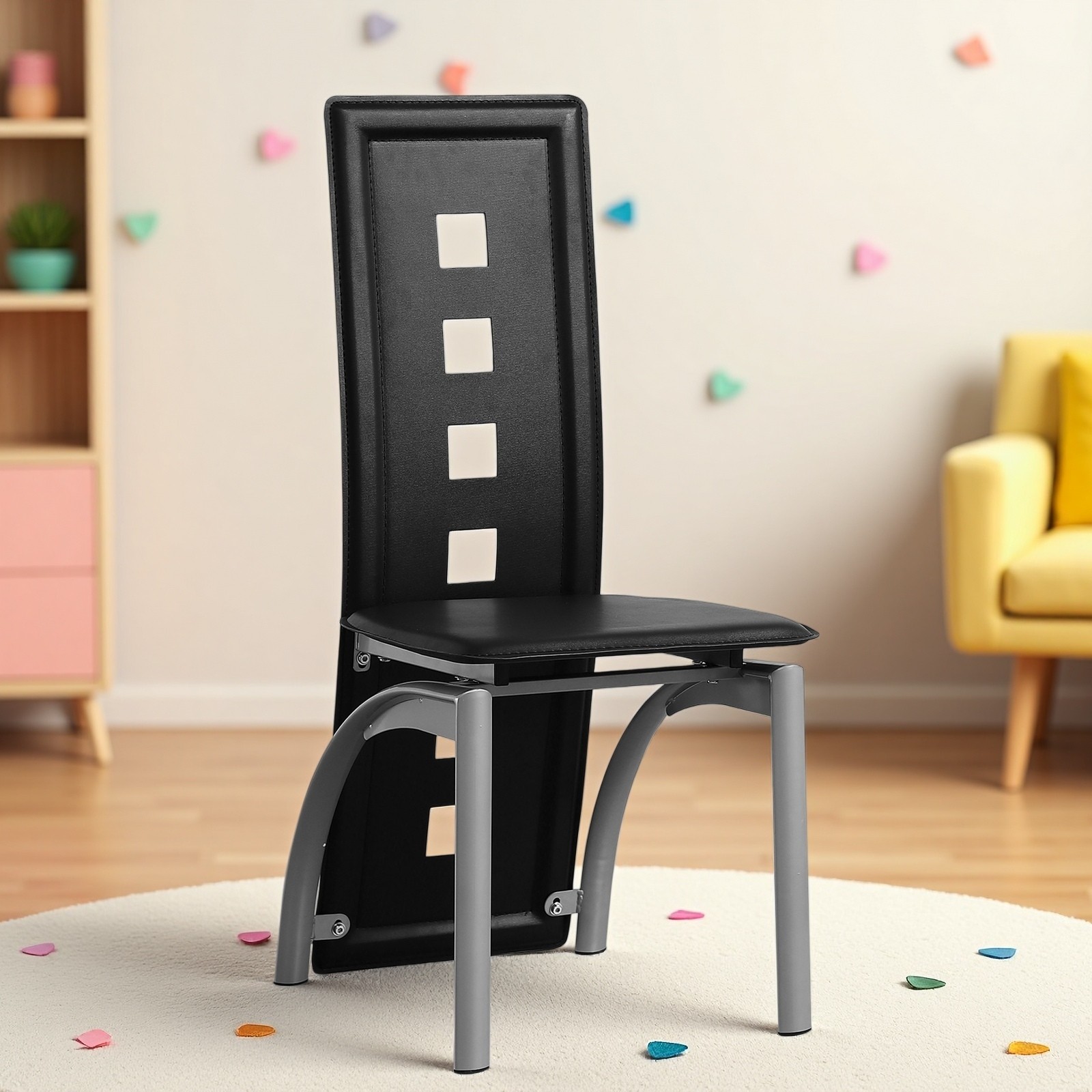 4pcs Dining Chairs – PU Leather, High Back Square Cutout Design & Chrome Legs