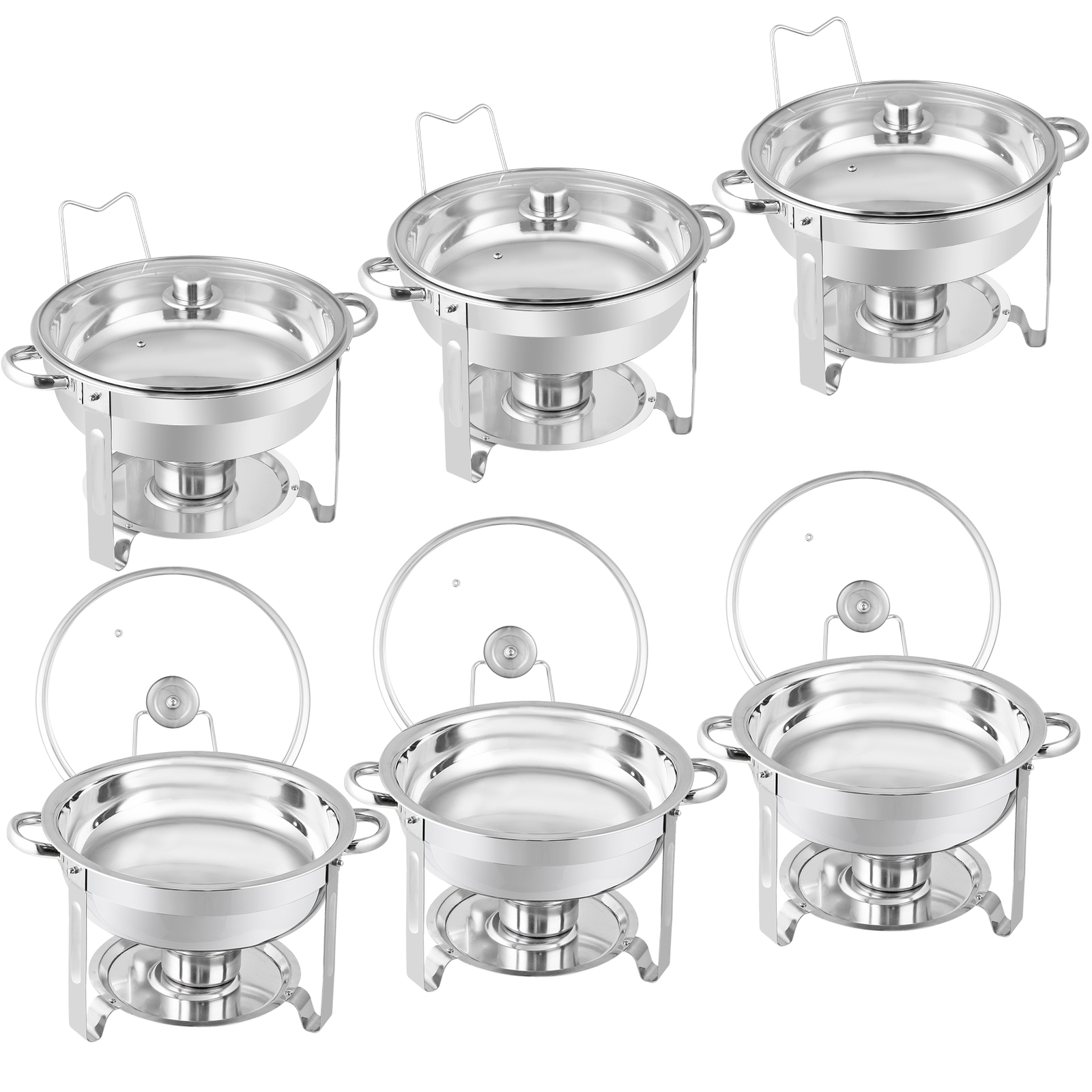 6Pack Chafing Dish Buffet Set Round 5Qt Chafers Catering Food Warmer w/Glass Lid