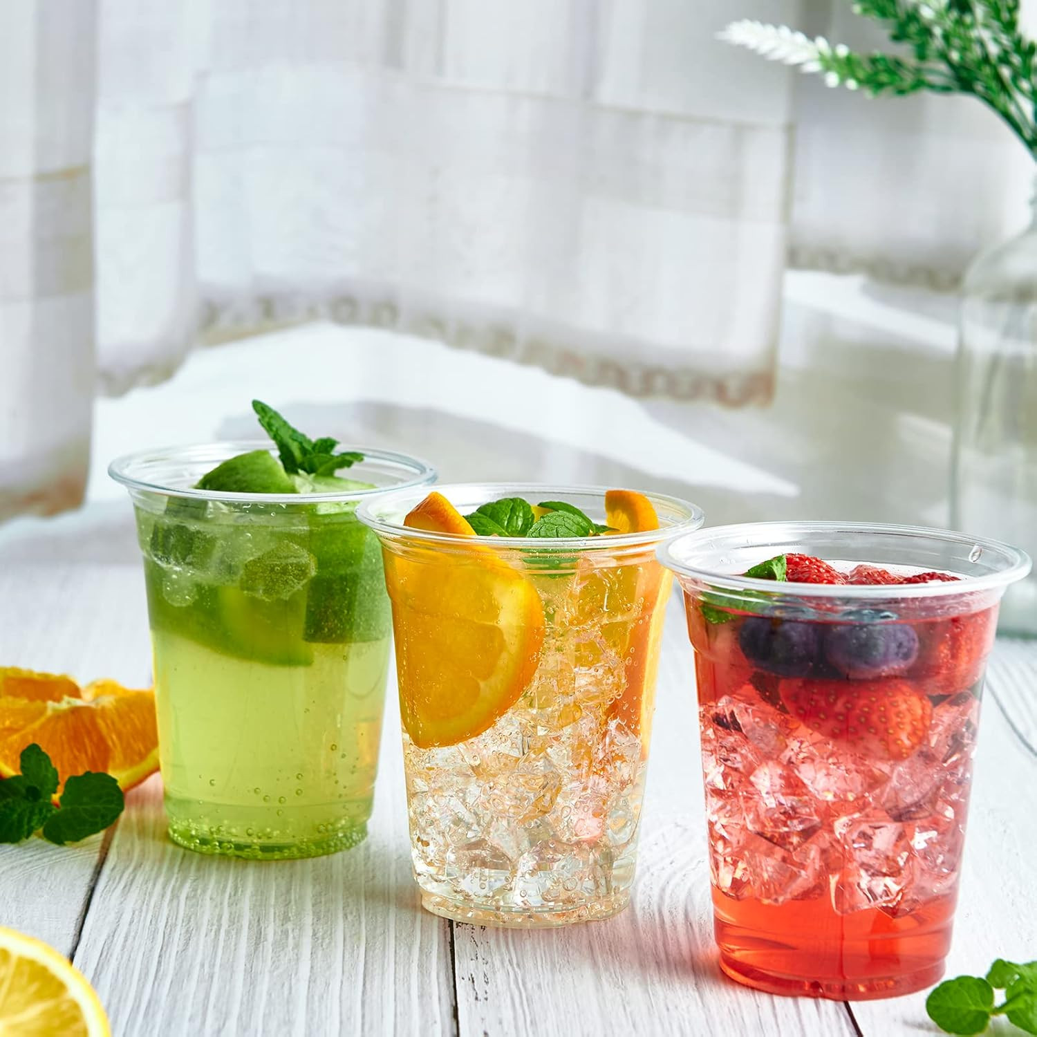 Lilymicky 100 Sets 12 oz Clear Plastic Cups with Flat Lids, 12 oz Disposable Dri