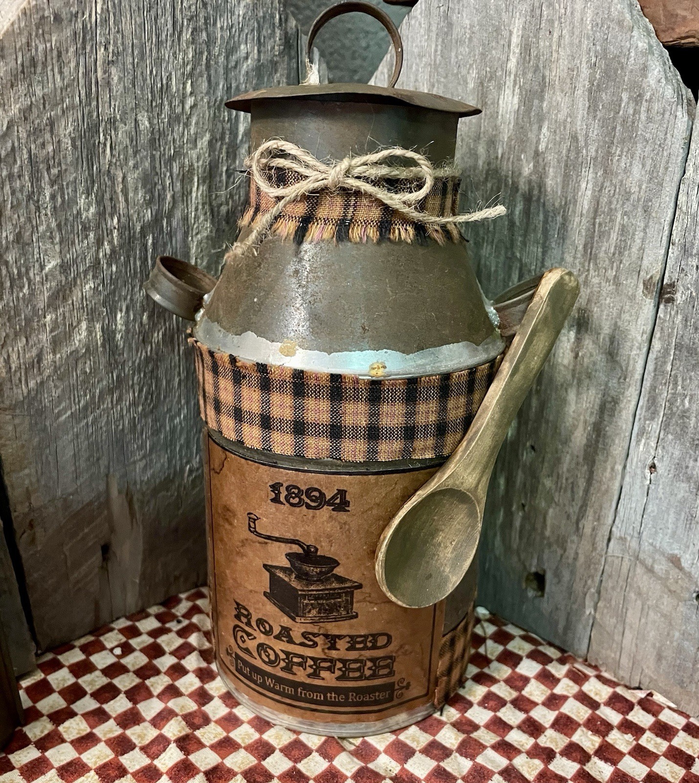 VTG PRIMITIVE FARMHOUSE Decor REPURPOSED MILK CAN “ROASTED COFFEE + SPOON