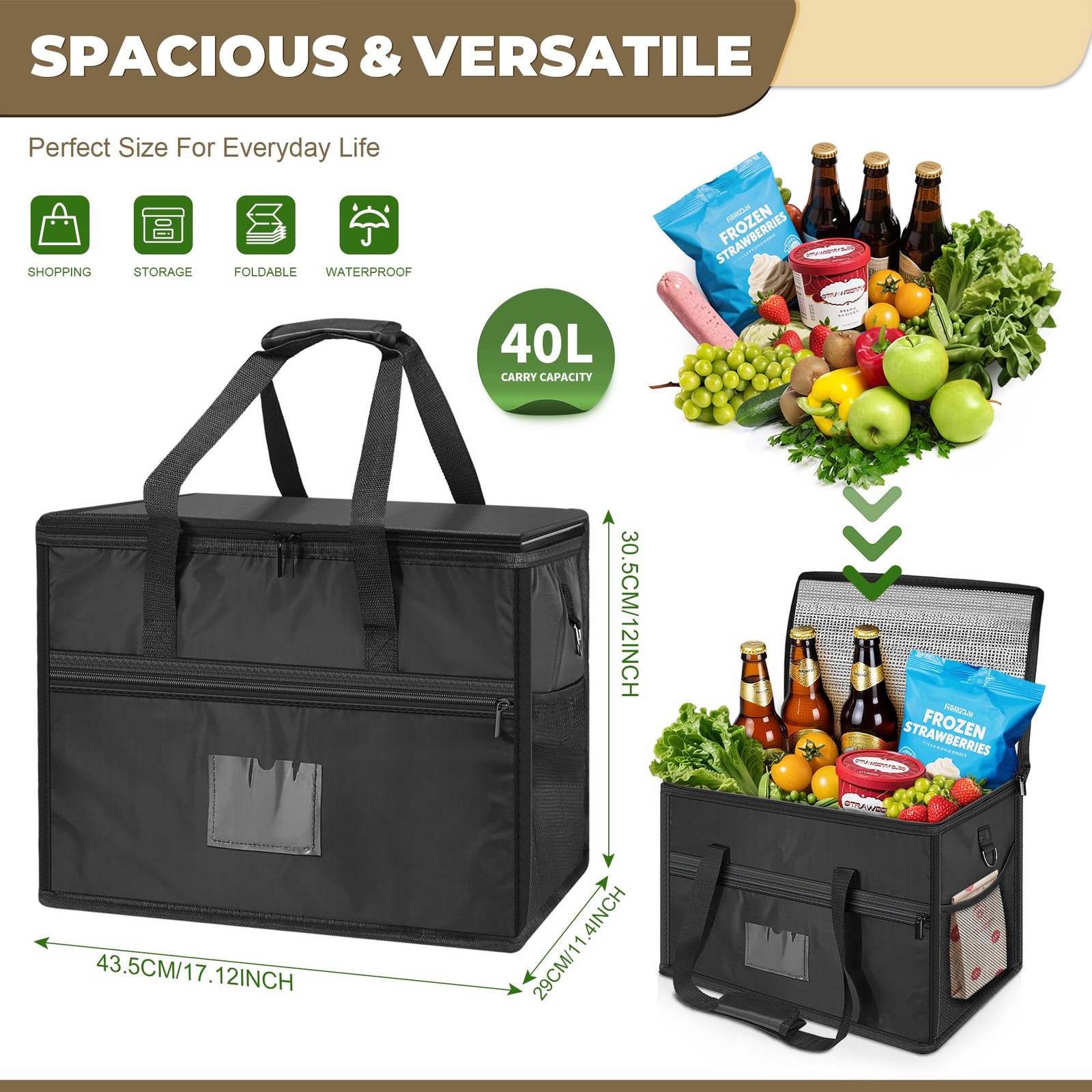 40L Insulated Food Delivery Bag, Heavy-Duty 16x12x11 inches, Black