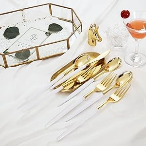 144Pcs Gold Plastic Silverware, Gold Plastic Utensils Set,Disposable Utensils