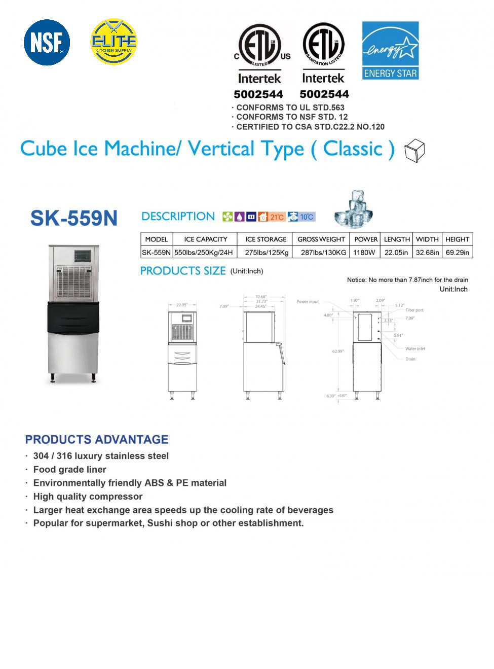 NSF Commercial Nugget Ice Maker 550 LBS/ Day, Free Standing Ice Machine