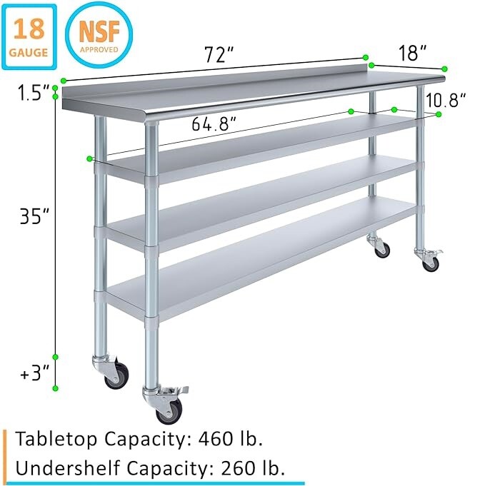 Stainless Steel Metal Work Table with 1.5″ Backsplash and 3 Shelves with Wheels