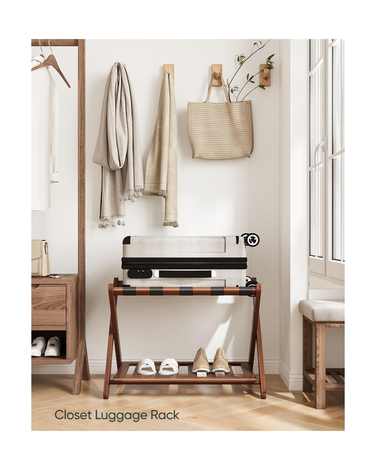 Smart FENDEE Bamboo Luggage Rack Fully Assembled, Walnut Folding Suitcase Sta…