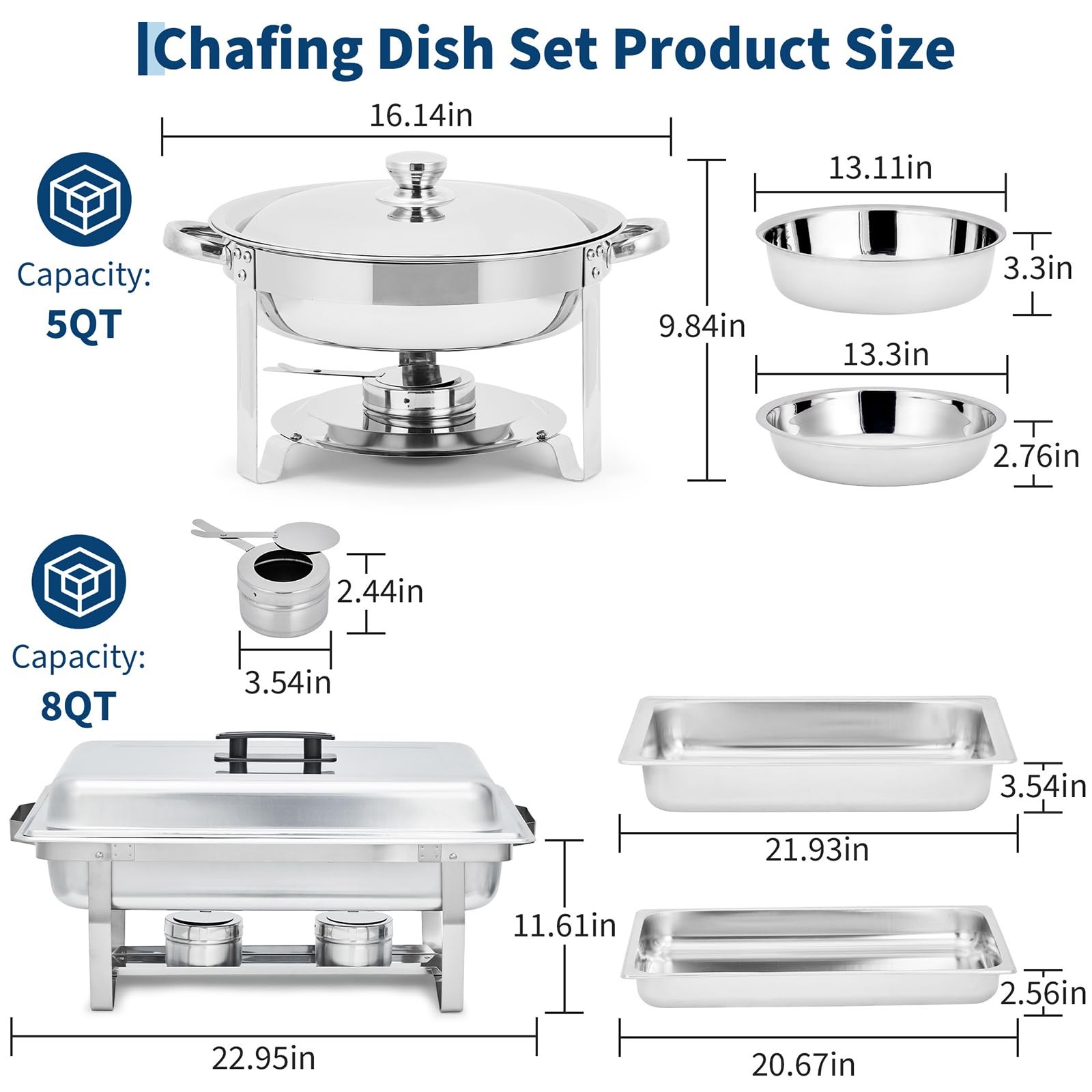 Buffet Warmer Set, 8 QT Rectangle & 5 QT Round Stainless Steel Chafing Pack 6