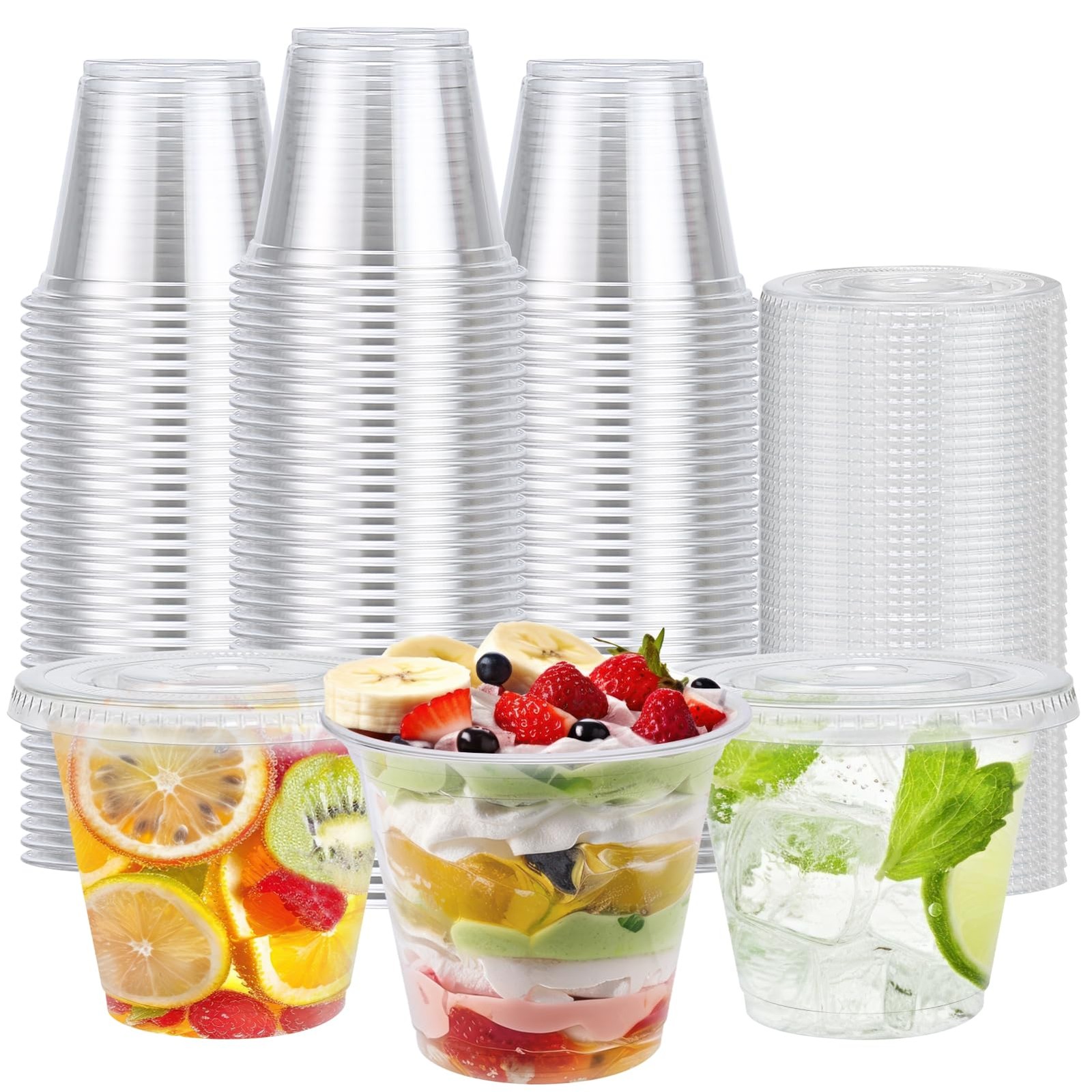BYSNOW 100 Pack 9 oz Clear Plastic Cups With Flat 100Pack-Flat Lids,