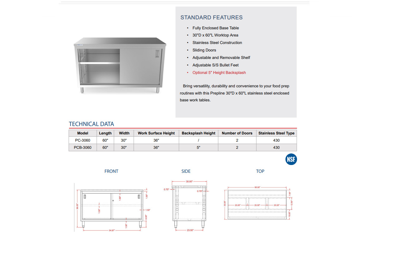 Prepline PC-3060 30″D x 60″L Stainless Steel Enclosed Base Work Table